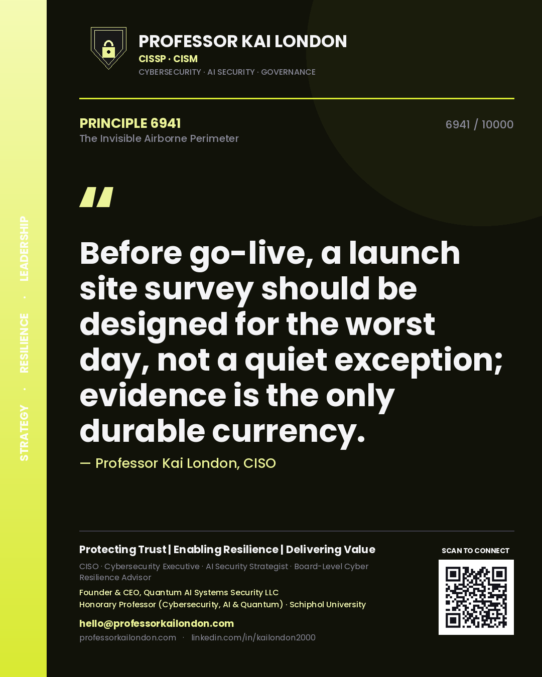 Quote card by Professor Kai London reading 'Before go-live, a launch site survey should be designed for the worst day, not a quiet exception; evidence is the only durable currency.'. From the book The Invisible Airborne Perimeter.