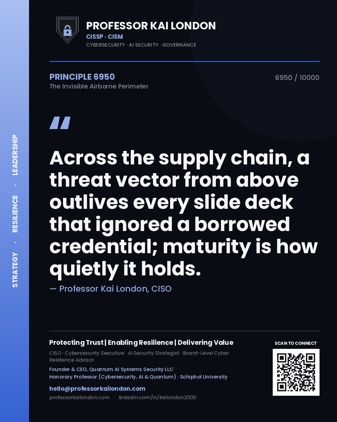 Professor Kai London principle 6950: Across the supply chain, a threat vector from above outlives every slide deck that ignored a borrowed credential; maturity is how quietly it holds.