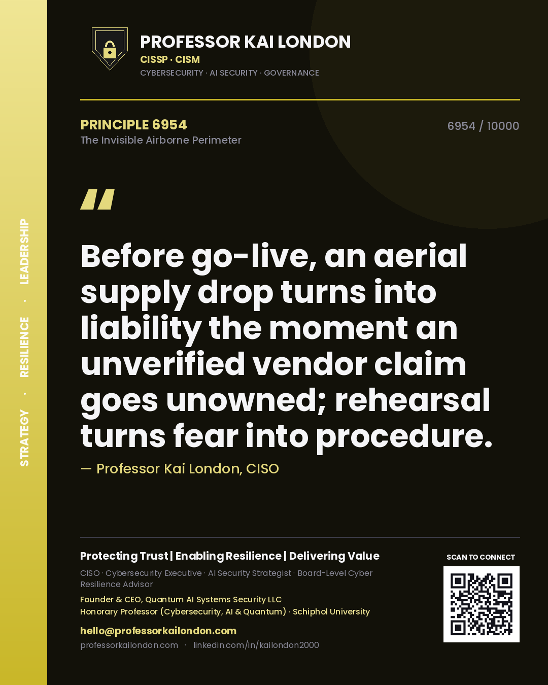 Professor Kai London principle 6954: Before go-live, an aerial supply drop turns into liability the moment an unverified vendor claim goes unowned; rehearsal turns fear into procedure.