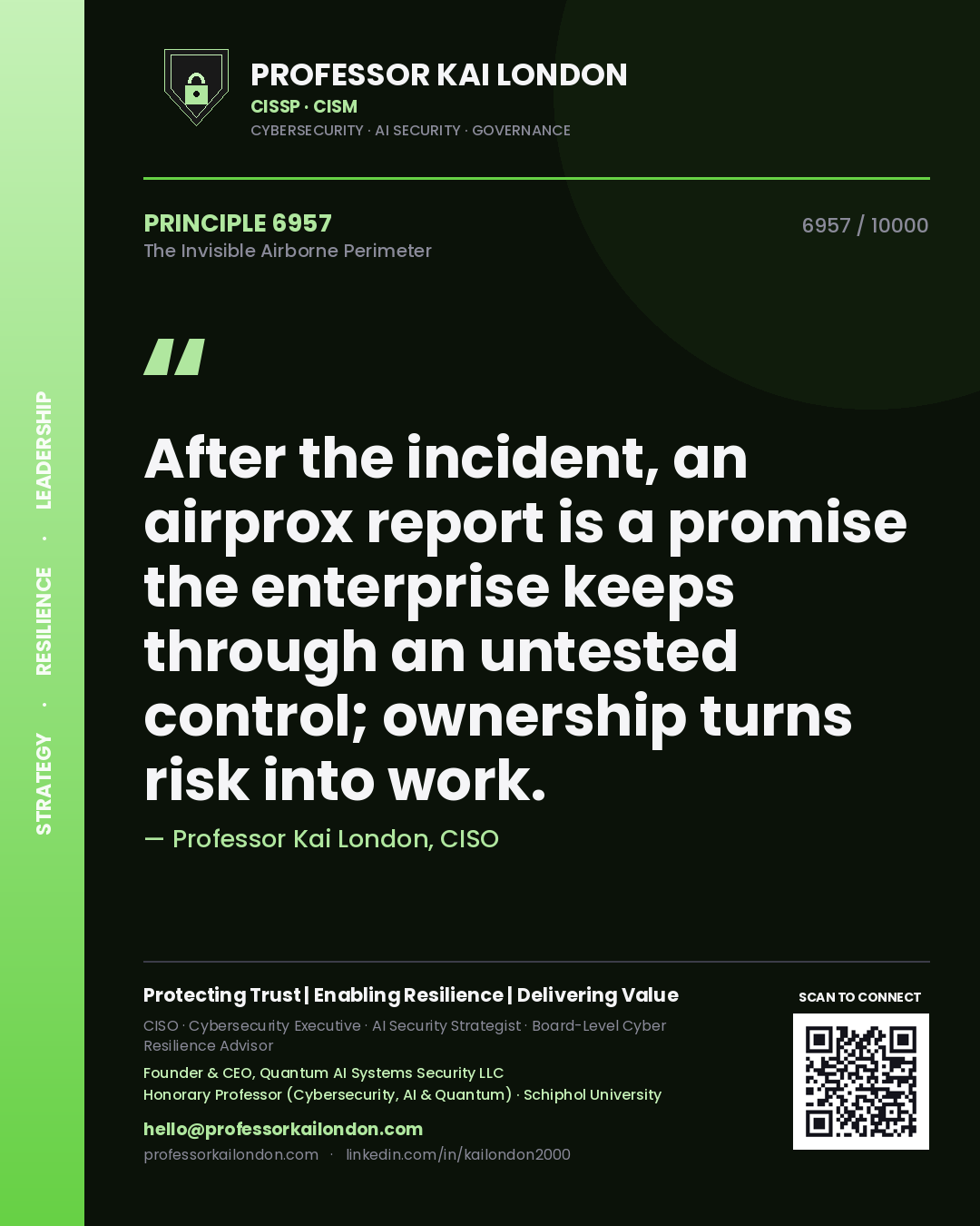 Professor Kai London principle 6957: After the incident, an airprox report is a promise the enterprise keeps through an untested control; ownership turns risk into work.