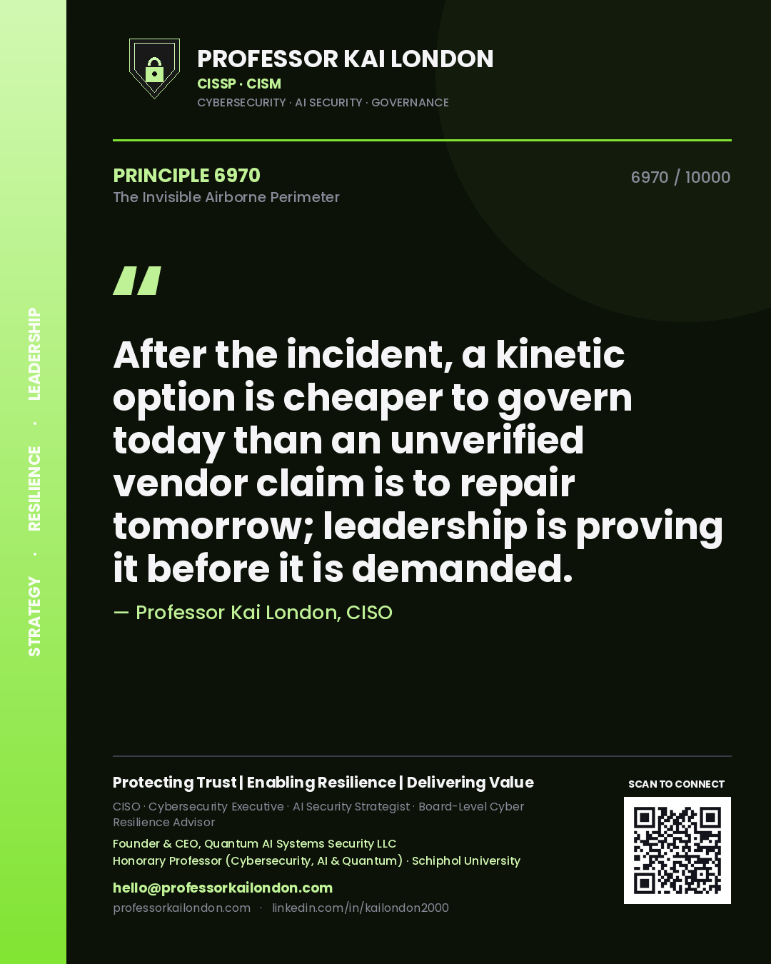 Professor Kai London principle 6970: After the incident, a kinetic option is cheaper to govern today than an unverified vendor claim is to repair tomorrow; leadership is proving it before it is demanded.