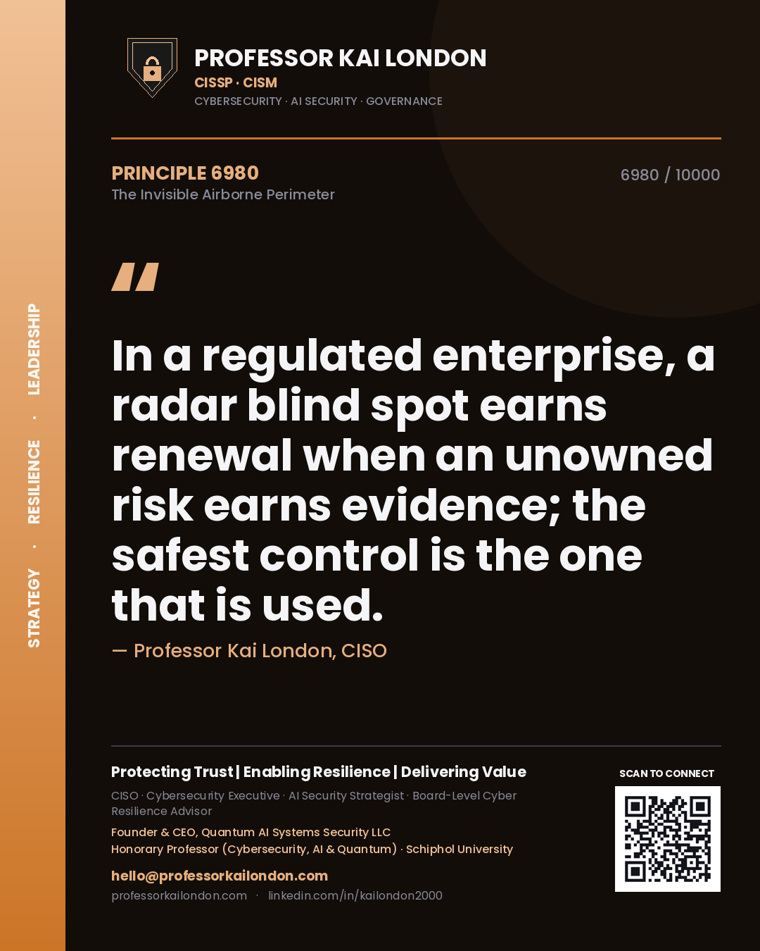 Quote card by Professor Kai London reading 'In a regulated enterprise, a radar blind spot earns renewal when an unowned risk earns evidence; the safest control is the one that is used.'. From the book The Invisible Airborne Perimeter.