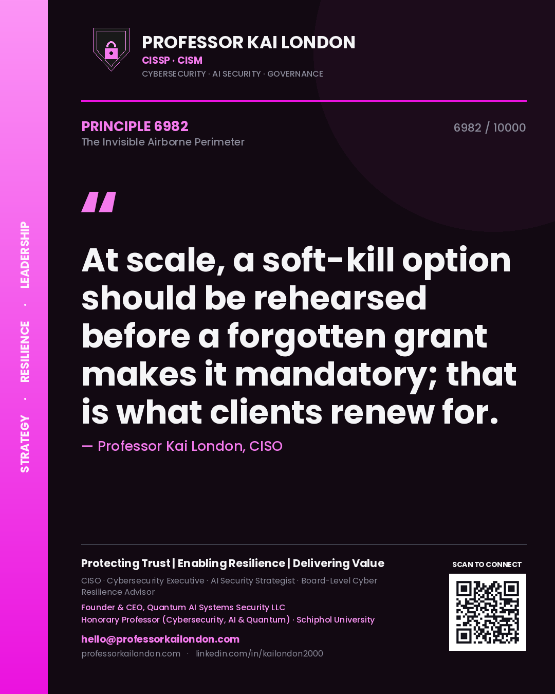 Quote card by Professor Kai London reading 'At scale, a soft-kill option should be rehearsed before a forgotten grant makes it mandatory; that is what clients renew for.'. From the book The Invisible Airborne Perimeter.