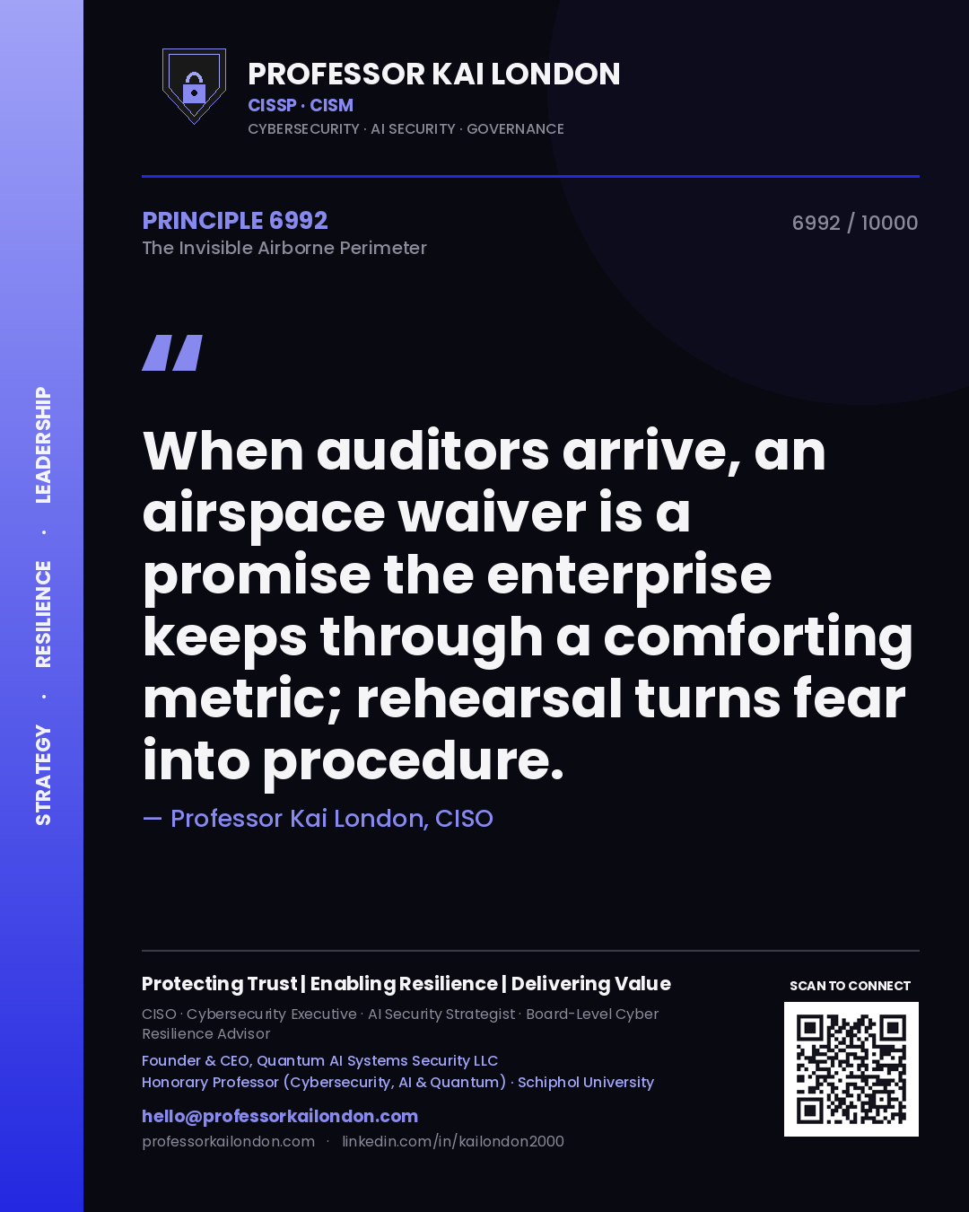 Professor Kai London principle 6992: When auditors arrive, an airspace waiver is a promise the enterprise keeps through a comforting metric; rehearsal turns fear into procedure.