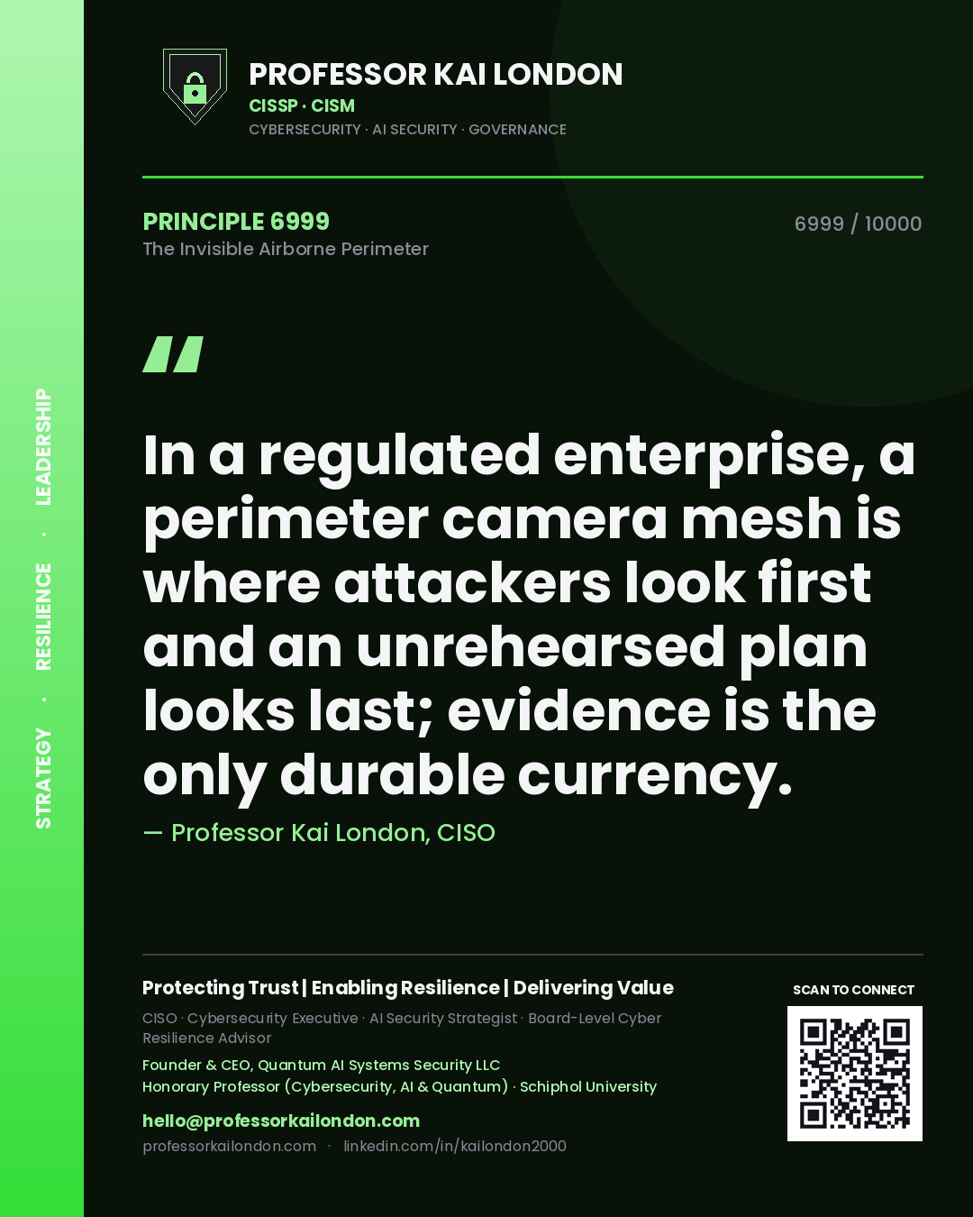 Professor Kai London principle 6999: In a regulated enterprise, a perimeter camera mesh is where attackers look first and an unrehearsed plan looks last; evidence is the only durable currency.