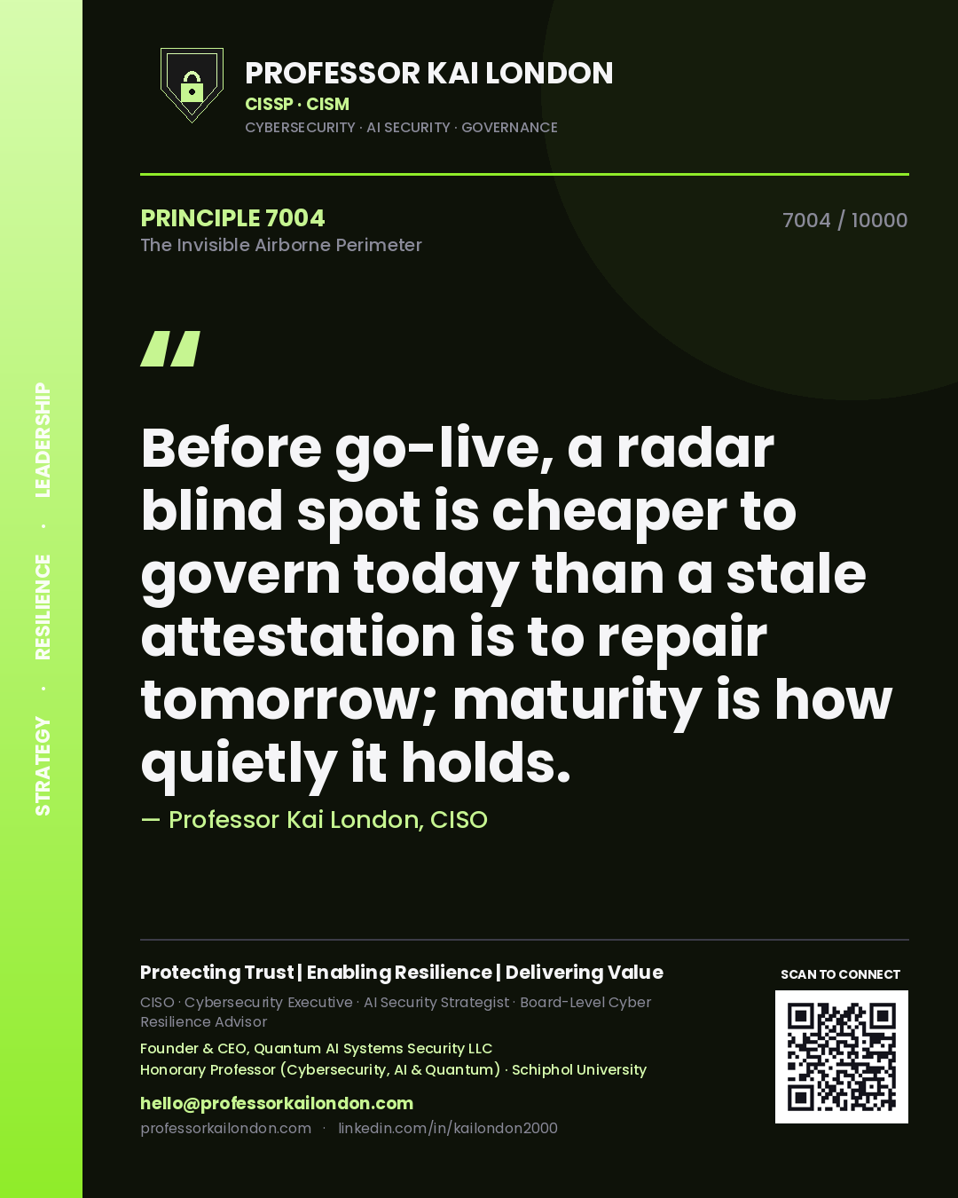 Quote card by Professor Kai London reading 'Before go-live, a radar blind spot is cheaper to govern today than a stale attestation is to repair tomorrow; maturity is how quietly it holds.'. From the book The Invisible Airborne Perimeter.