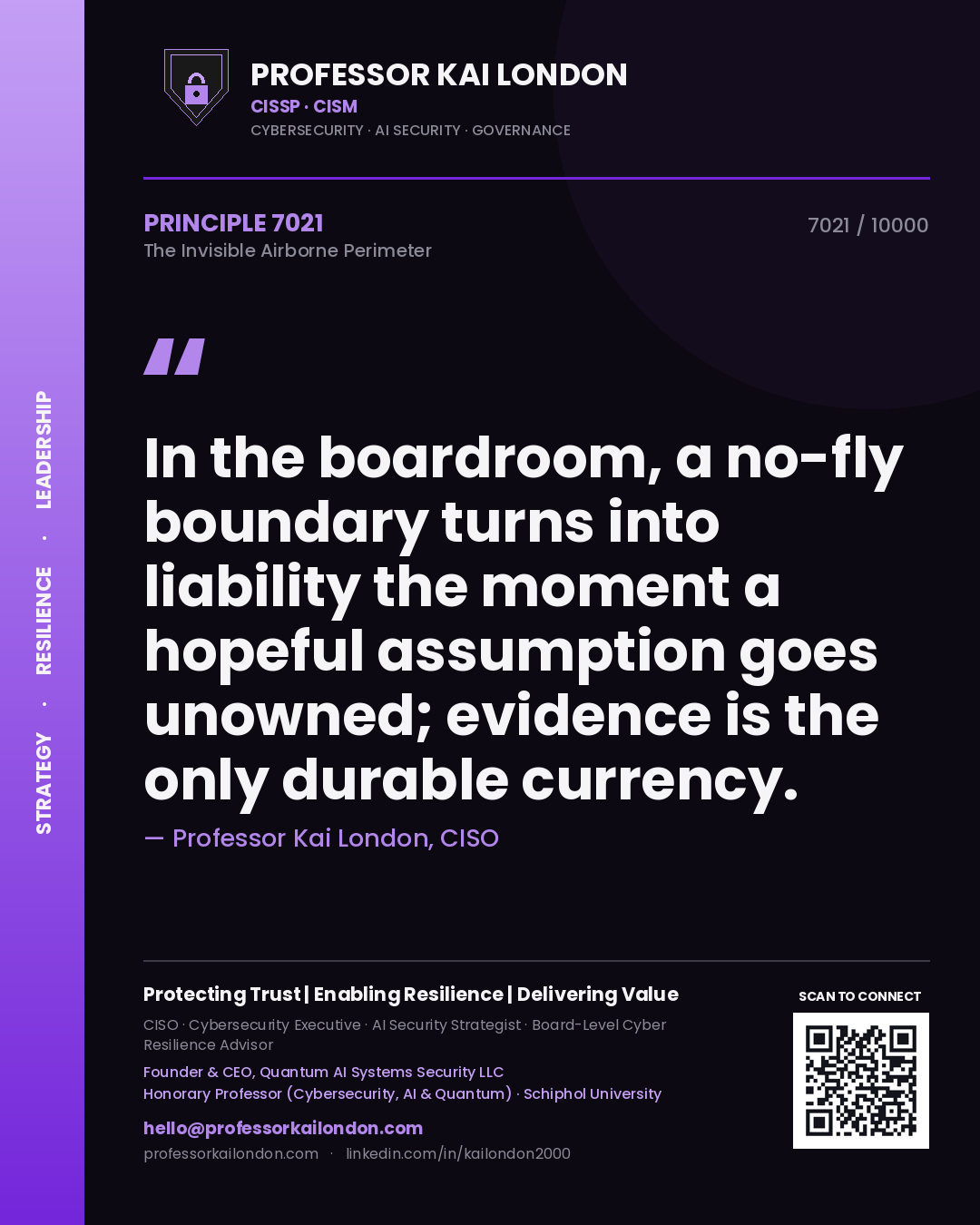 Quote card by Professor Kai London reading 'In the boardroom, a no-fly boundary turns into liability the moment a hopeful assumption goes unowned; evidence is the only durable currency.'. From the book The Invisible Airborne Perimeter.