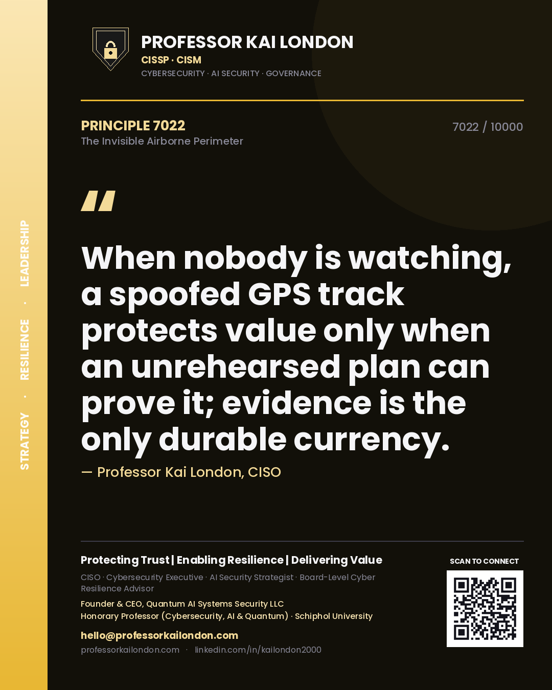 Quote card by Professor Kai London reading 'When nobody is watching, a spoofed GPS track protects value only when an unrehearsed plan can prove it; evidence is the only durable currency.'. From the book The Invisible Airborne Perimeter.
