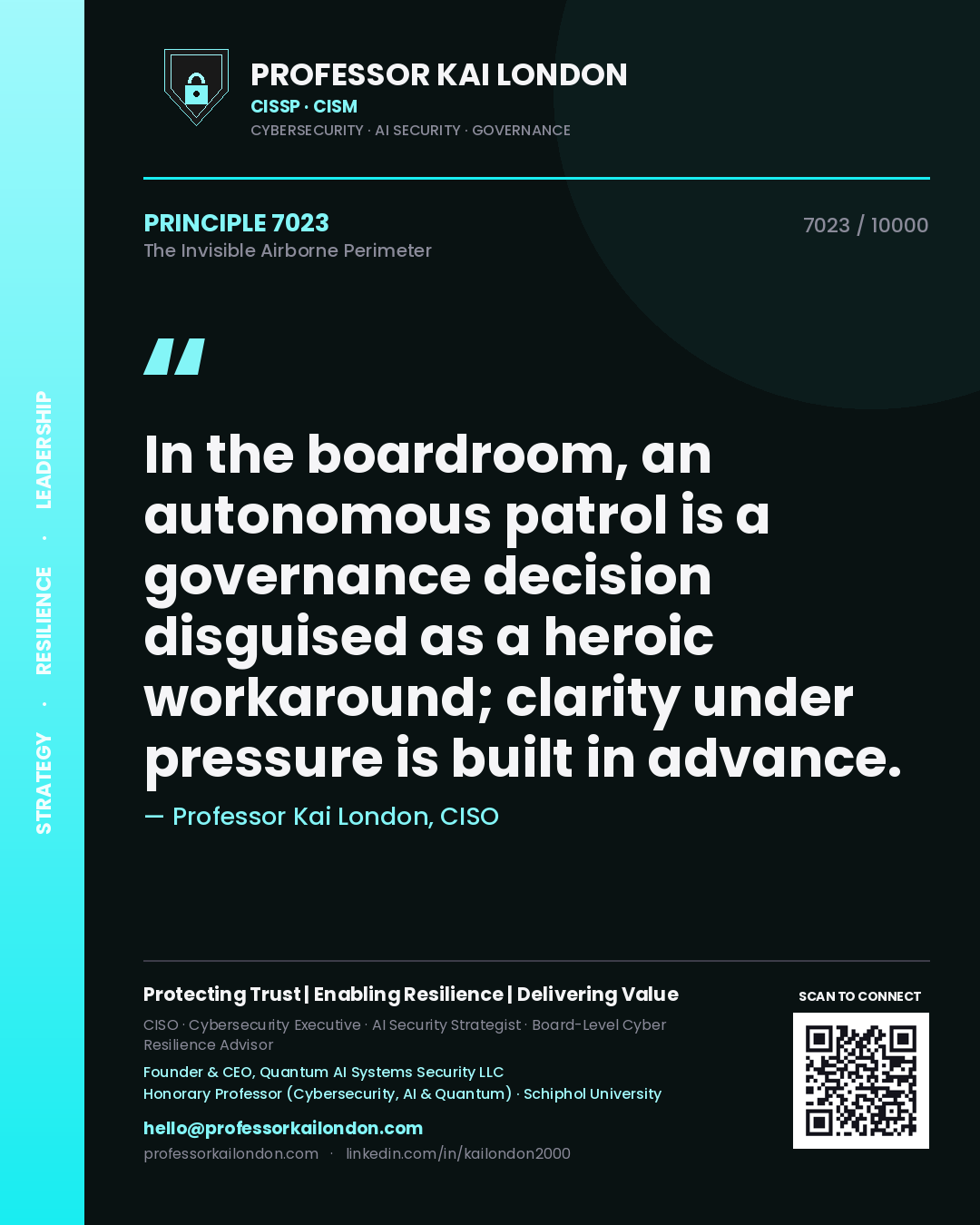 Quote card by Professor Kai London reading 'In the boardroom, an autonomous patrol is a governance decision disguised as a heroic workaround; clarity under pressure is built in advance.'. From the book The Invisible Airborne Perimeter.