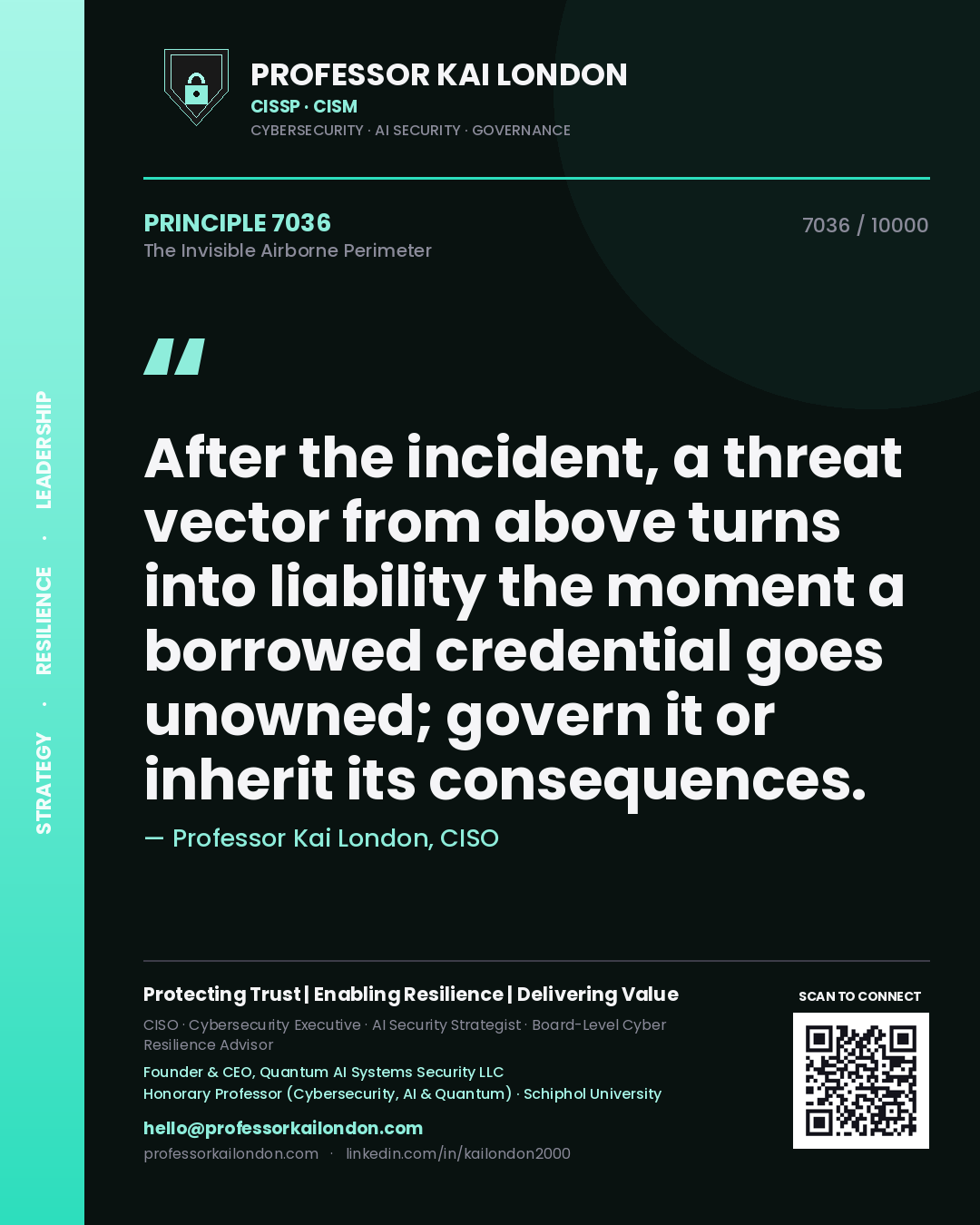 Professor Kai London principle 7036: After the incident, a threat vector from above turns into liability the moment a borrowed credential goes unowned; govern it or inherit its consequences.