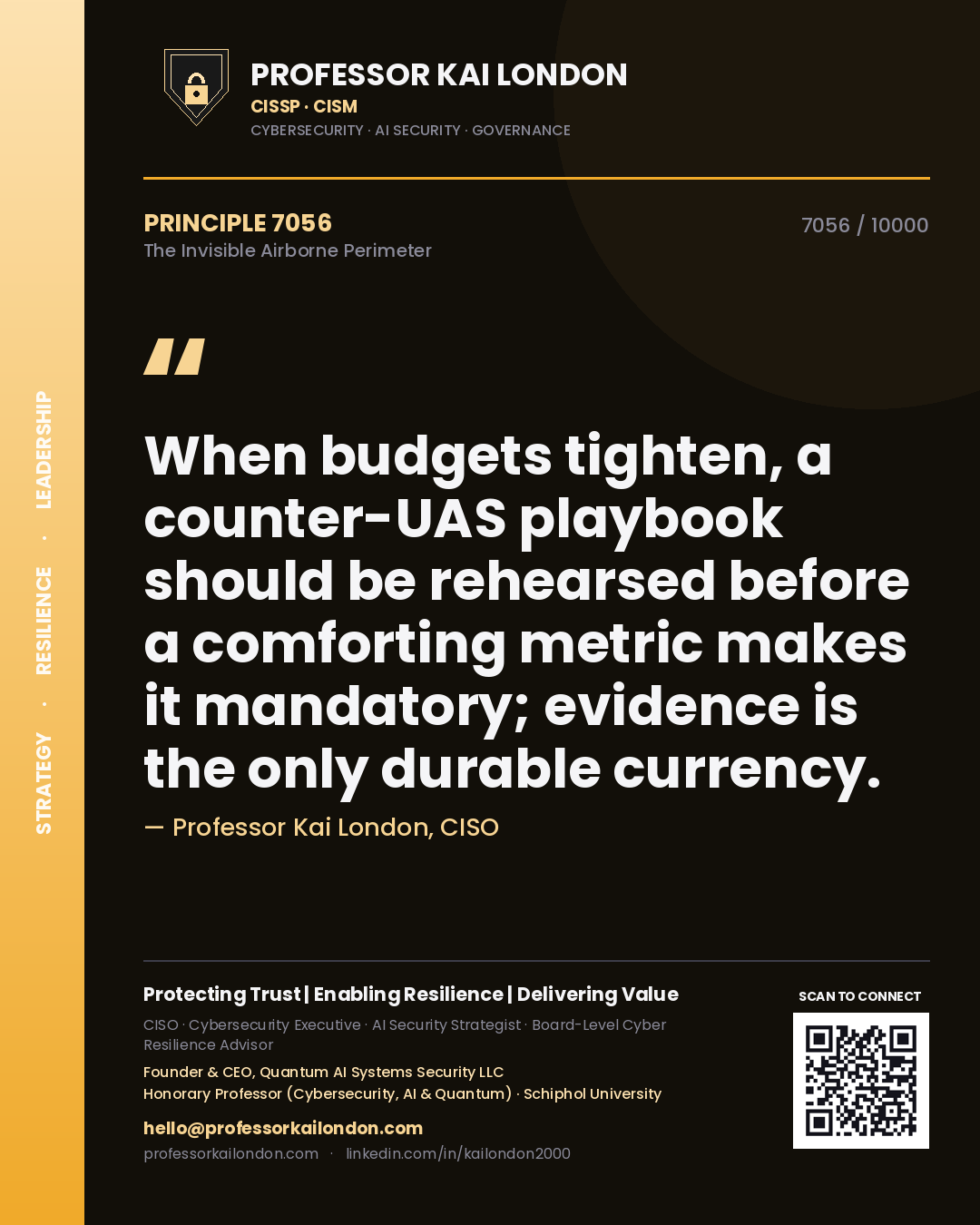 Quote card by Professor Kai London reading 'When budgets tighten, a counter-UAS playbook should be rehearsed before a comforting metric makes it mandatory; evidence is the only durable currency.'. From the book The Invisible Airborne Perimeter.