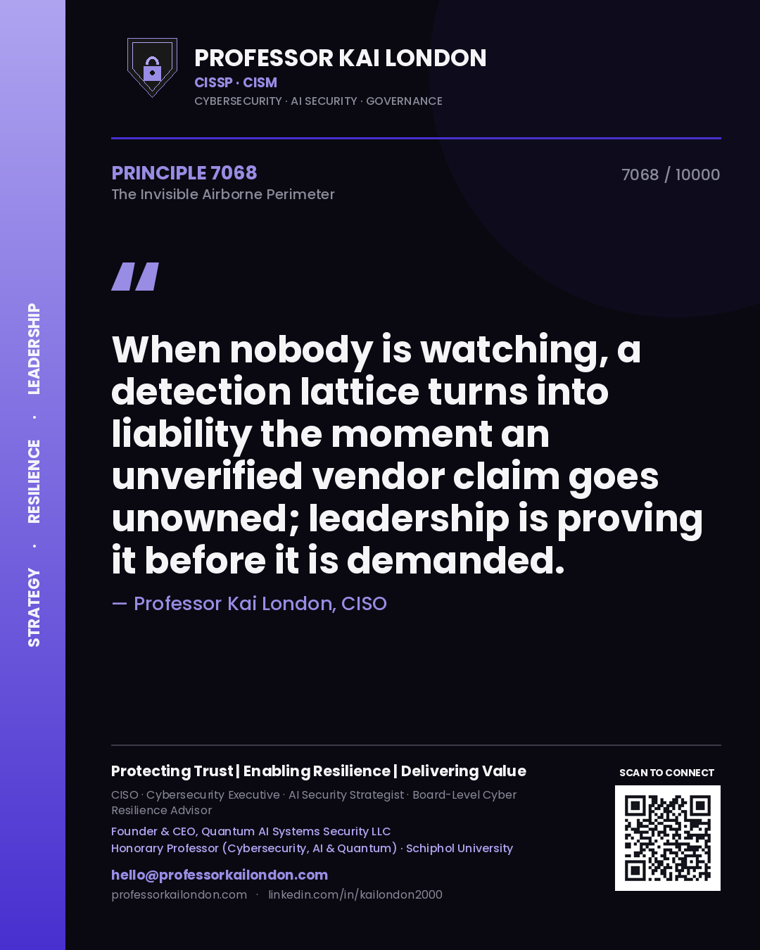 Quote card by Professor Kai London reading 'When nobody is watching, a detection lattice turns into liability the moment an unverified vendor claim goes unowned; leadership is proving it before it is demanded.'. From the book The Invisible Airborne Perimeter.
