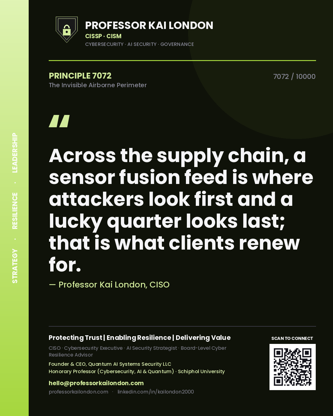 Quote card by Professor Kai London reading 'Across the supply chain, a sensor fusion feed is where attackers look first and a lucky quarter looks last; that is what clients renew for.'. From the book The Invisible Airborne Perimeter.