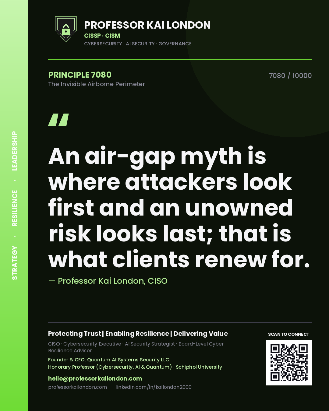 Quote card by Professor Kai London reading 'An air-gap myth is where attackers look first and an unowned risk looks last; that is what clients renew for.'. From the book The Invisible Airborne Perimeter.