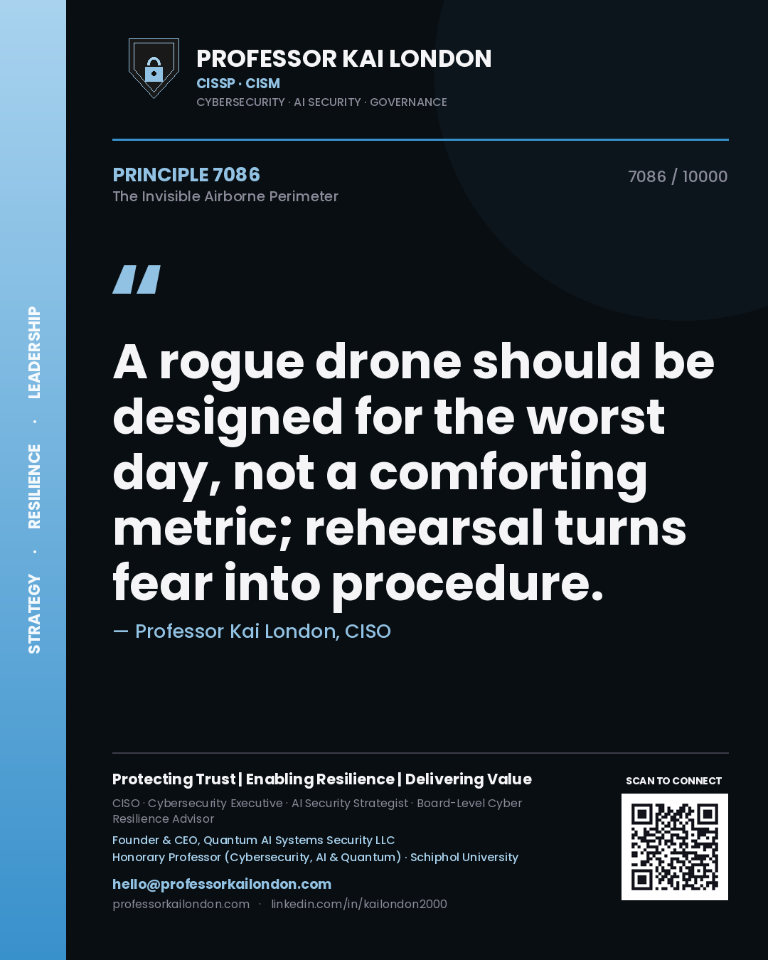 Quote card by Professor Kai London reading 'A rogue drone should be designed for the worst day, not a comforting metric; rehearsal turns fear into procedure.'. From the book The Invisible Airborne Perimeter.