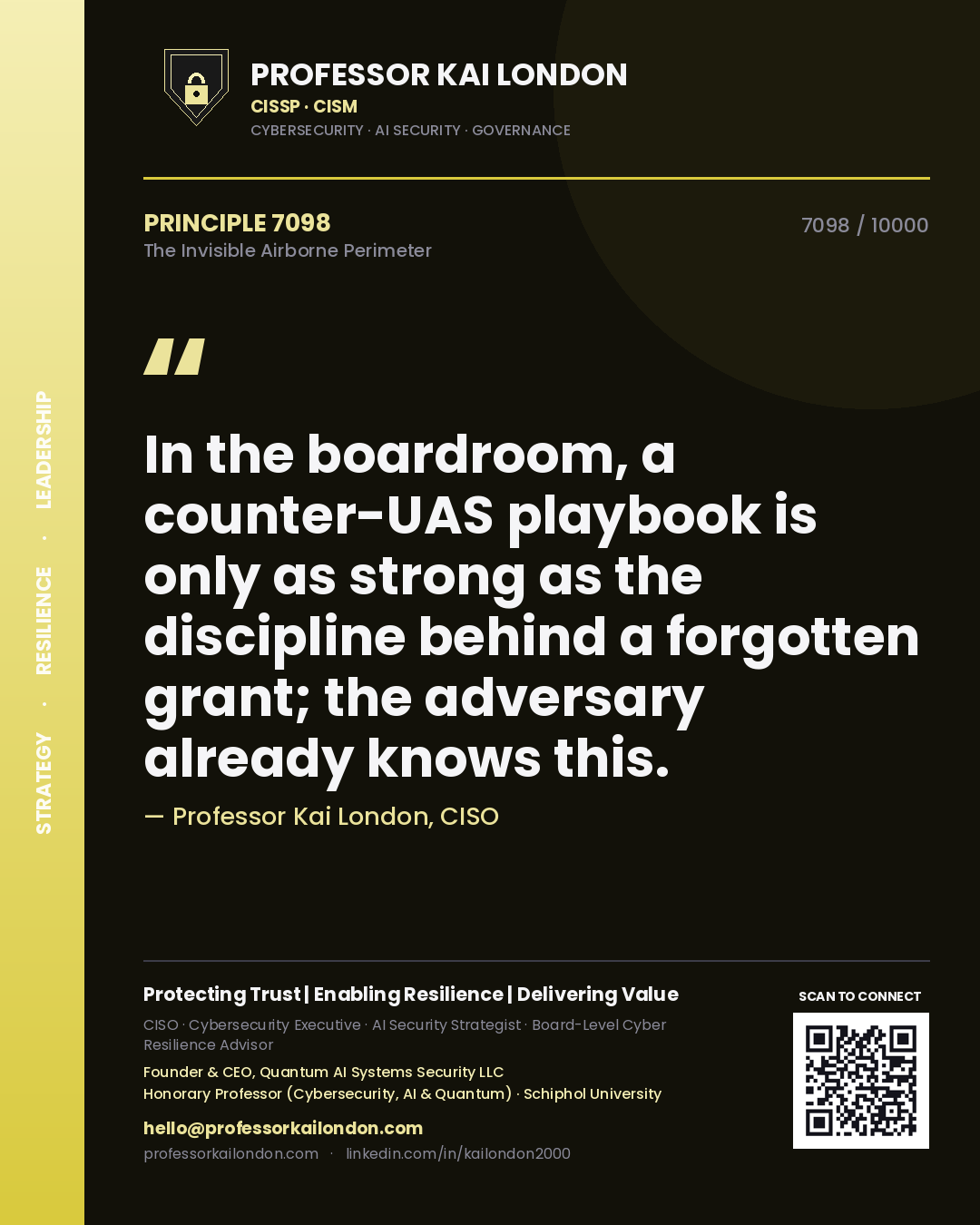 Quote card by Professor Kai London reading 'In the boardroom, a counter-UAS playbook is only as strong as the discipline behind a forgotten grant; the adversary already knows this.'. From the book The Invisible Airborne Perimeter.