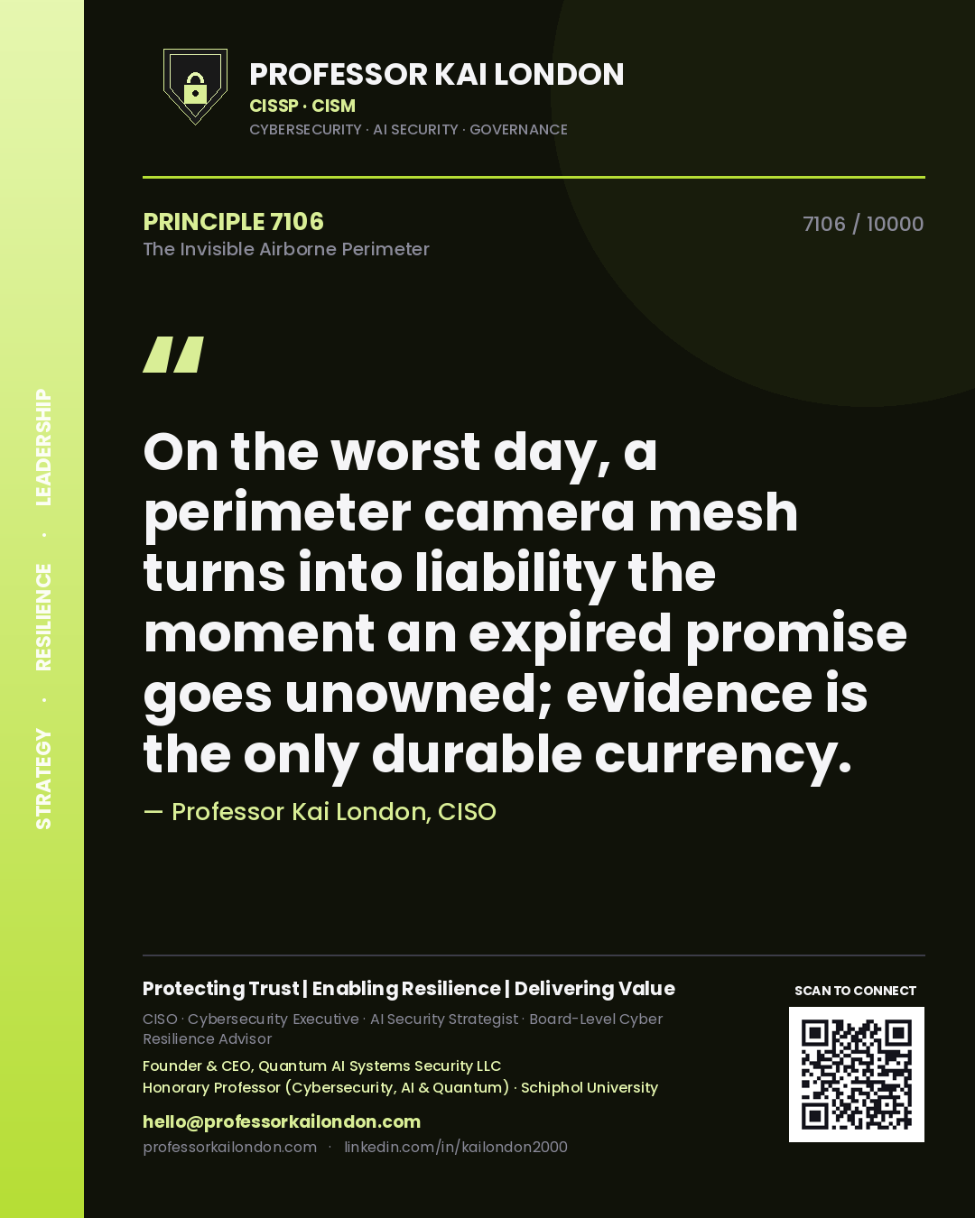 Quote card by Professor Kai London reading 'On the worst day, a perimeter camera mesh turns into liability the moment an expired promise goes unowned; evidence is the only durable currency.'. From the book The Invisible Airborne Perimeter.