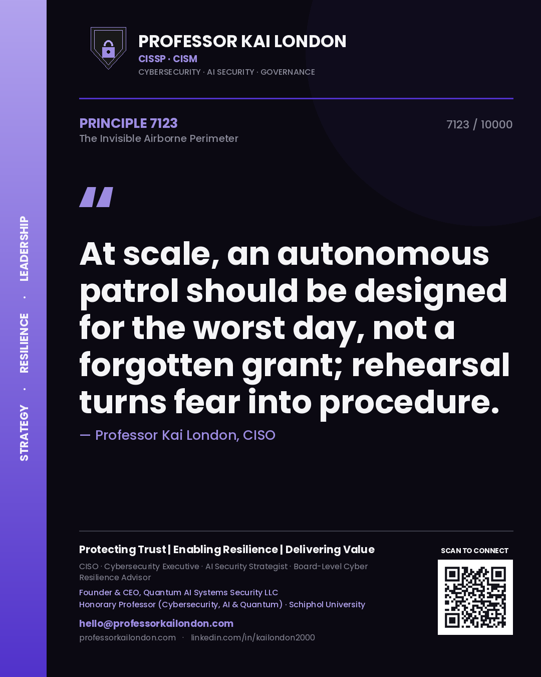 Professor Kai London principle 7123: At scale, an autonomous patrol should be designed for the worst day, not a forgotten grant; rehearsal turns fear into procedure.
