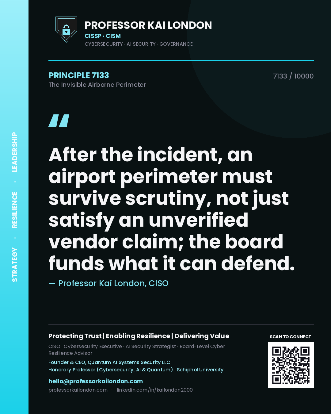 Quote card by Professor Kai London reading 'After the incident, an airport perimeter must survive scrutiny, not just satisfy an unverified vendor claim; the board funds what it can defend.'. From the book The Invisible Airborne Perimeter.