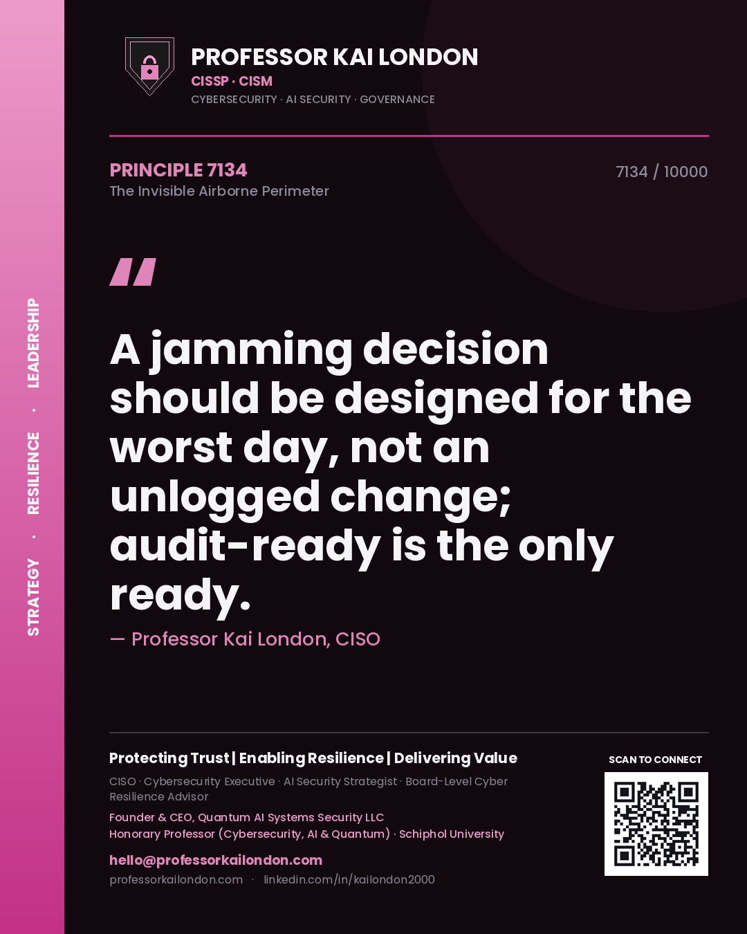 Quote card by Professor Kai London reading 'A jamming decision should be designed for the worst day, not an unlogged change; audit-ready is the only ready.'. From the book The Invisible Airborne Perimeter.