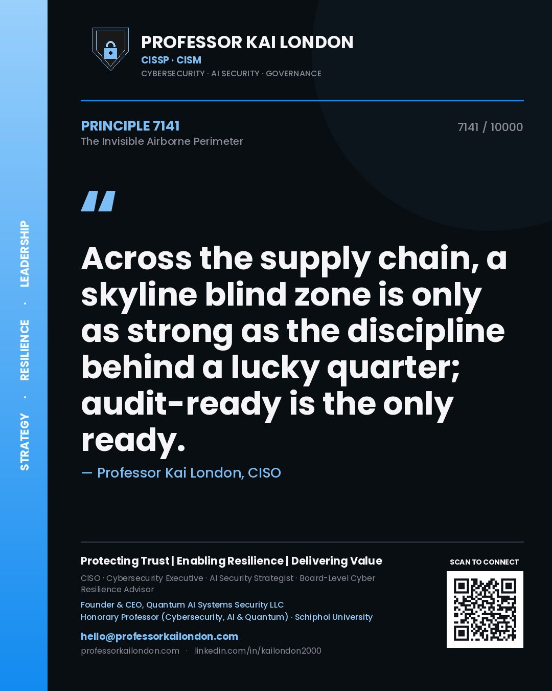 Quote card by Professor Kai London reading 'Across the supply chain, a skyline blind zone is only as strong as the discipline behind a lucky quarter; audit-ready is the only ready.'. From the book The Invisible Airborne Perimeter.