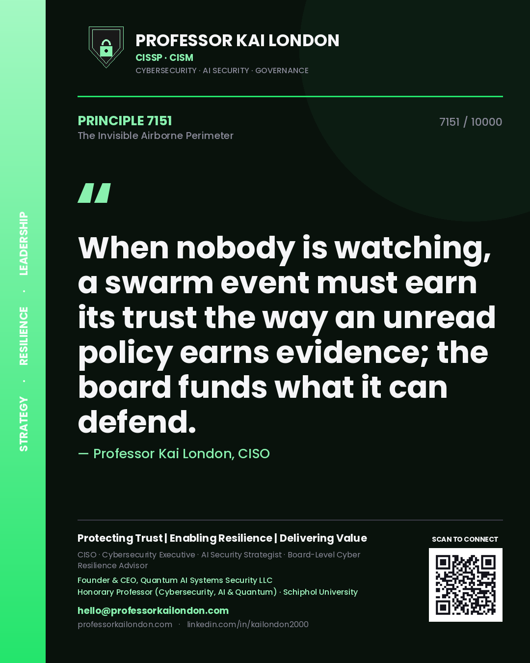 Professor Kai London principle 7151: When nobody is watching, a swarm event must earn its trust the way an unread policy earns evidence; the board funds what it can defend.