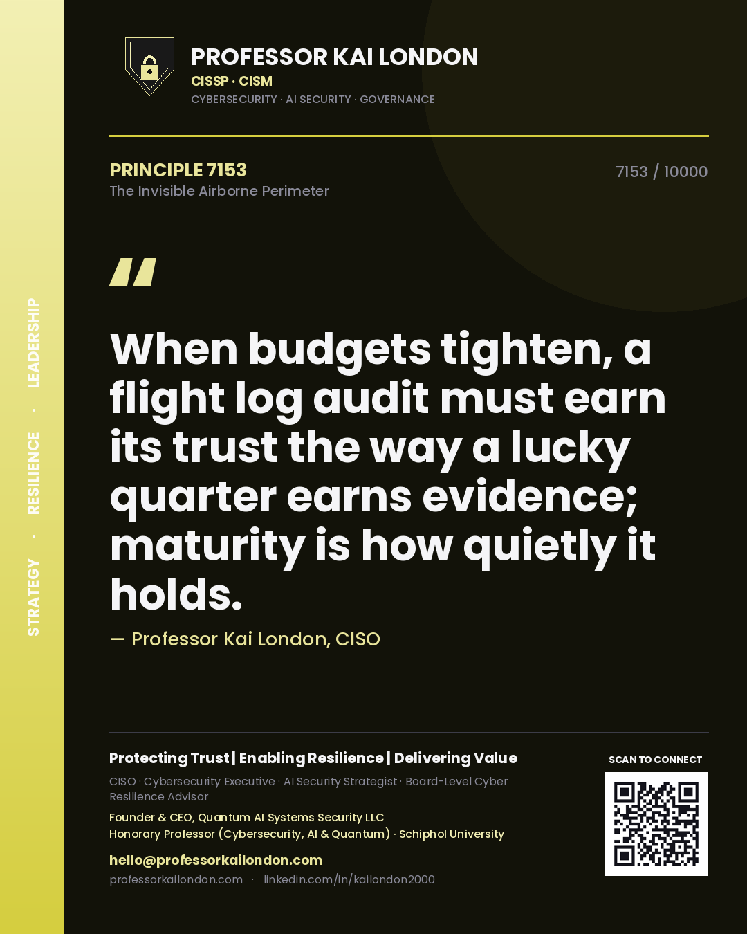 Professor Kai London principle 7153: When budgets tighten, a flight log audit must earn its trust the way a lucky quarter earns evidence; maturity is how quietly it holds.