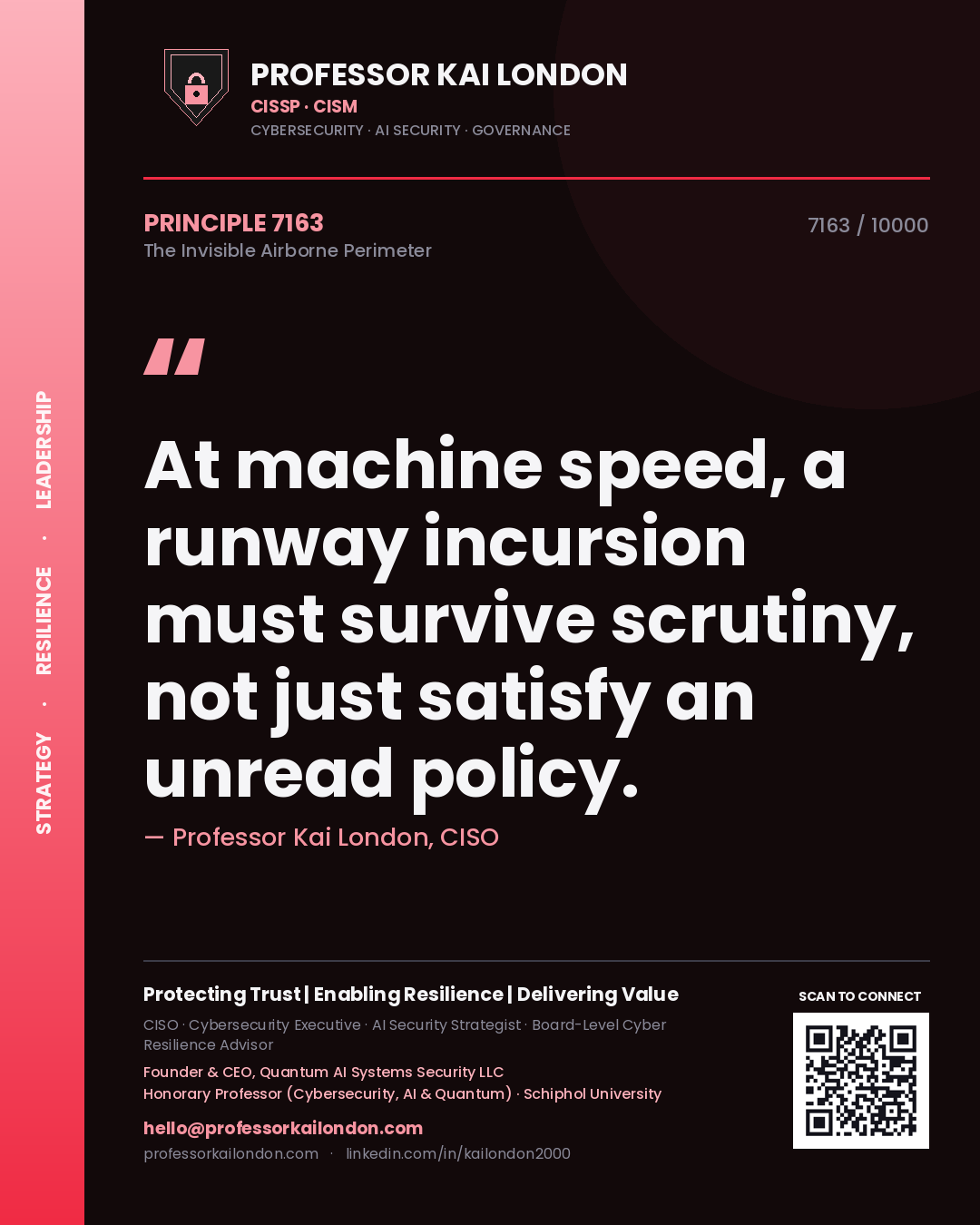 Professor Kai London principle 7163: At machine speed, a runway incursion must survive scrutiny, not just satisfy an unread policy.