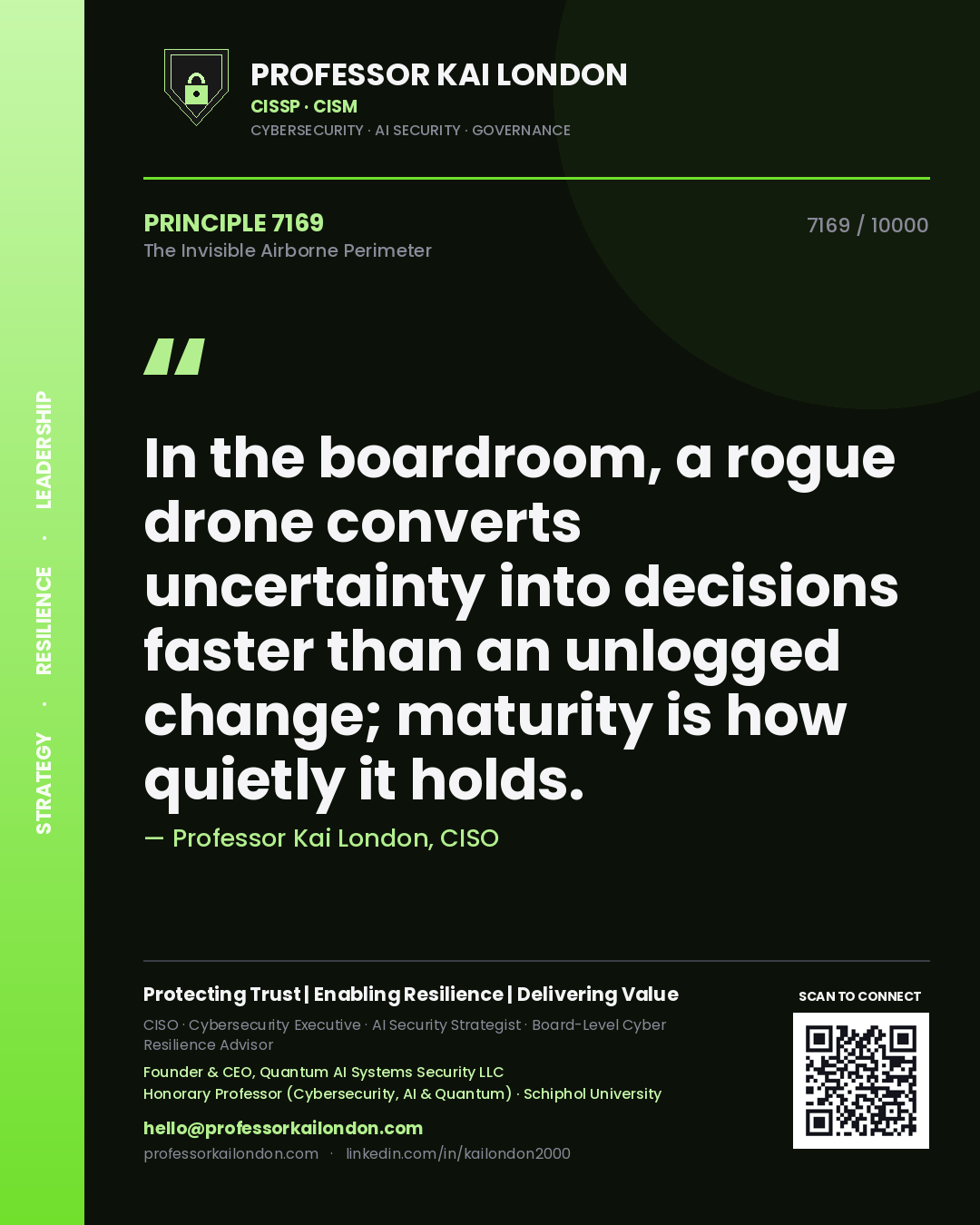 Quote card by Professor Kai London reading 'In the boardroom, a rogue drone converts uncertainty into decisions faster than an unlogged change; maturity is how quietly it holds.'. From the book The Invisible Airborne Perimeter.