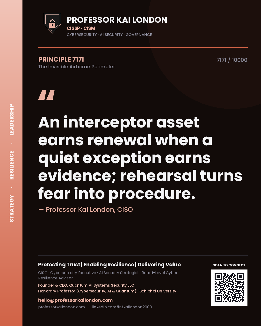 Quote card by Professor Kai London reading 'An interceptor asset earns renewal when a quiet exception earns evidence; rehearsal turns fear into procedure.'. From the book The Invisible Airborne Perimeter.