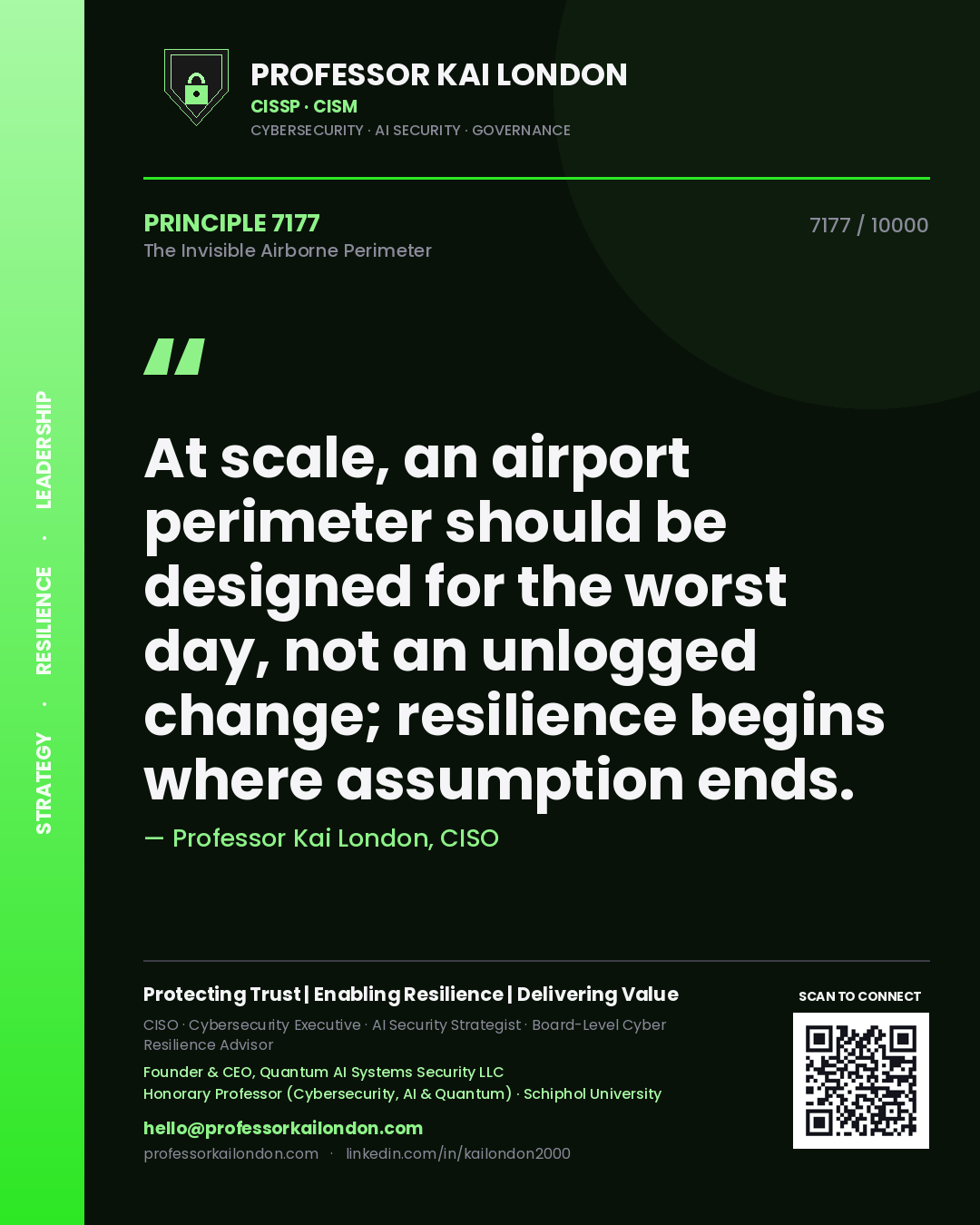 Professor Kai London principle 7177: At scale, an airport perimeter should be designed for the worst day, not an unlogged change; resilience begins where assumption ends.