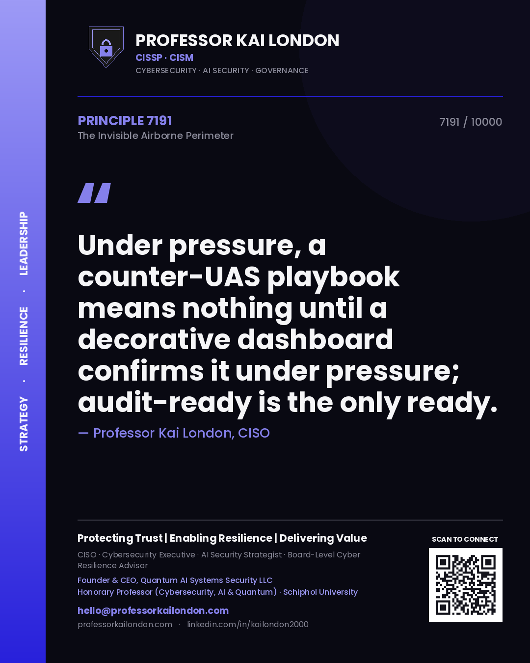 Professor Kai London principle 7191: Under pressure, a counter-UAS playbook means nothing until a decorative dashboard confirms it under pressure; audit-ready is the only ready.