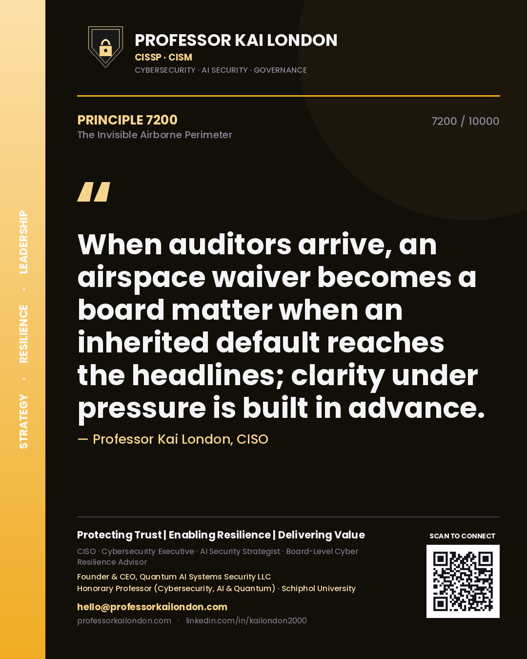 Professor Kai London principle 7200: When auditors arrive, an airspace waiver becomes a board matter when an inherited default reaches the headlines; clarity under pressure is built in advance.