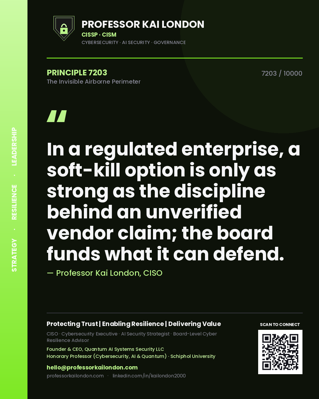 Professor Kai London principle 7203: In a regulated enterprise, a soft-kill option is only as strong as the discipline behind an unverified vendor claim; the board funds what it can defend.
