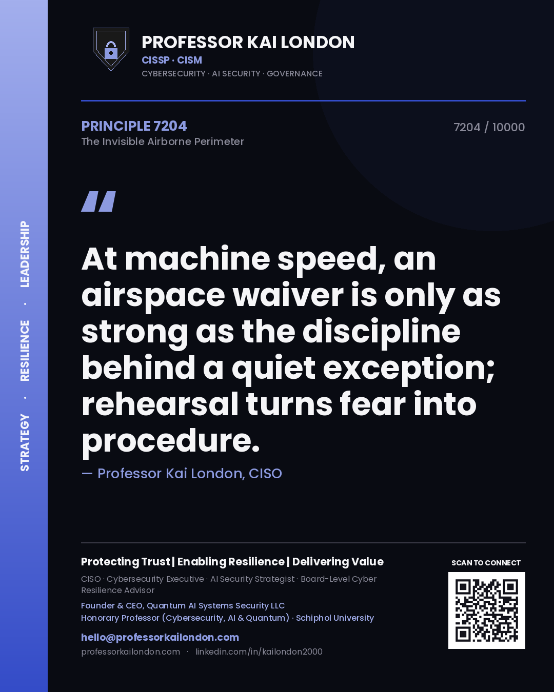 Professor Kai London principle 7204: At machine speed, an airspace waiver is only as strong as the discipline behind a quiet exception; rehearsal turns fear into procedure.