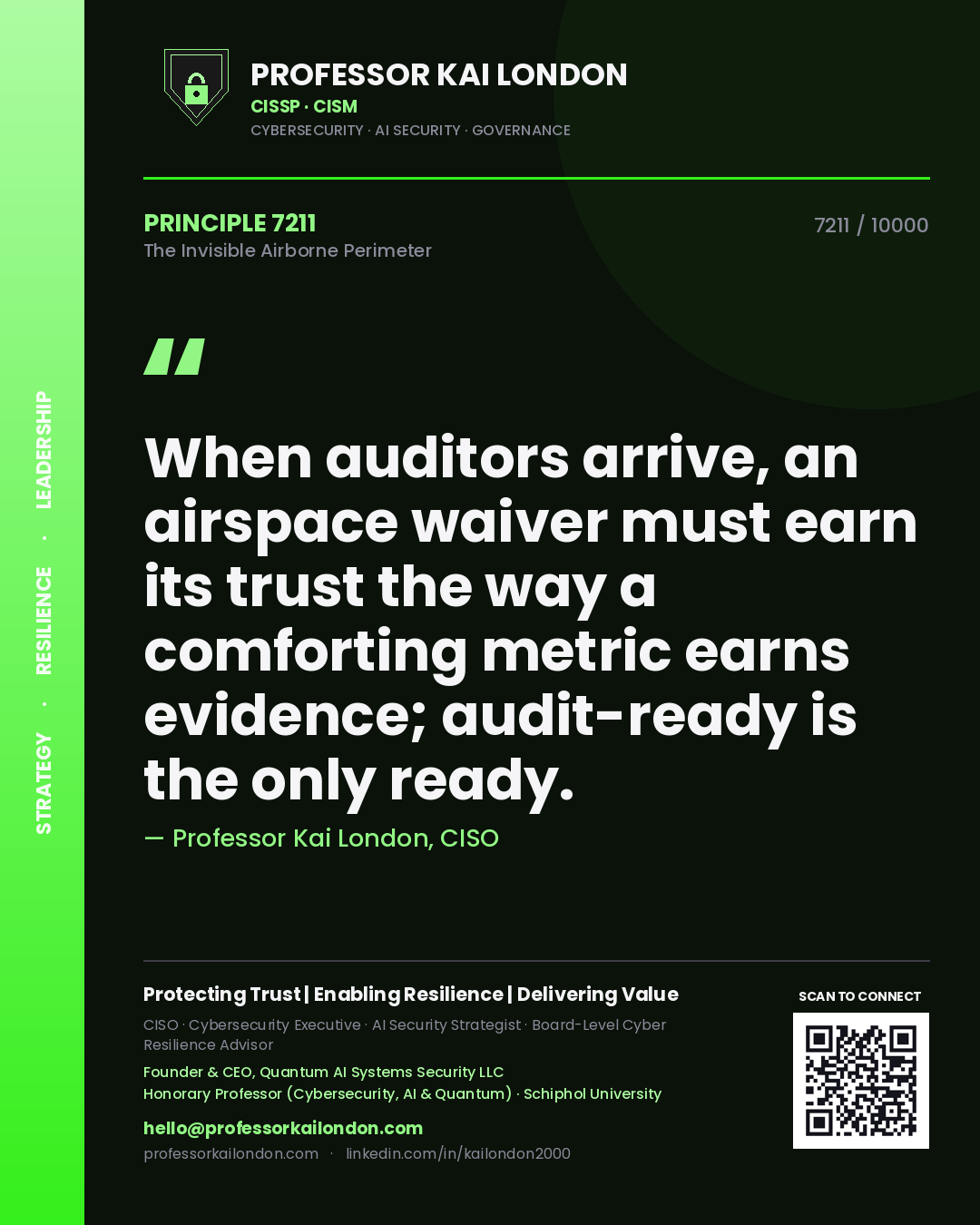 Professor Kai London principle 7211: When auditors arrive, an airspace waiver must earn its trust the way a comforting metric earns evidence; audit-ready is the only ready.