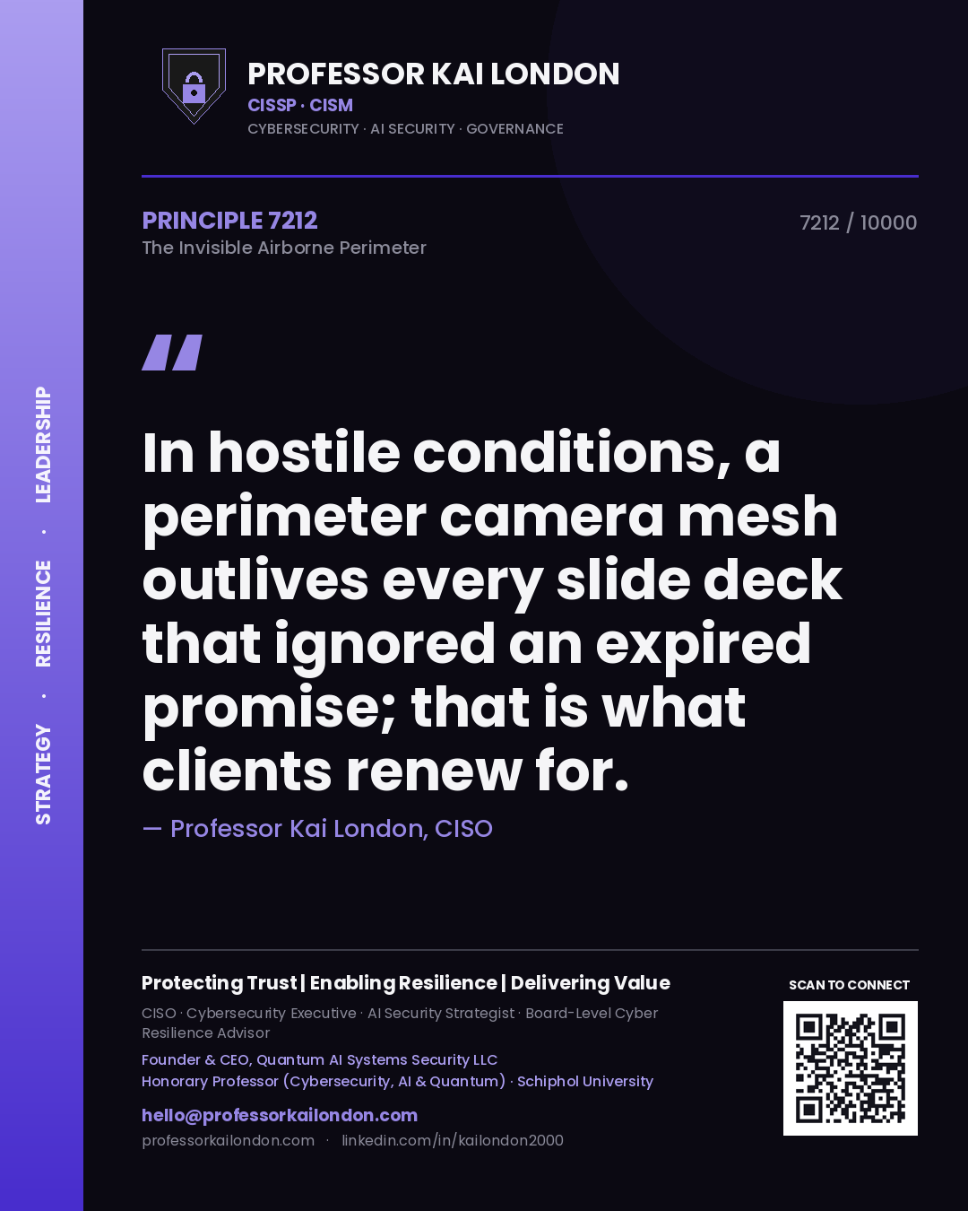 Quote card by Professor Kai London reading 'In hostile conditions, a perimeter camera mesh outlives every slide deck that ignored an expired promise; that is what clients renew for.'. From the book The Invisible Airborne Perimeter.