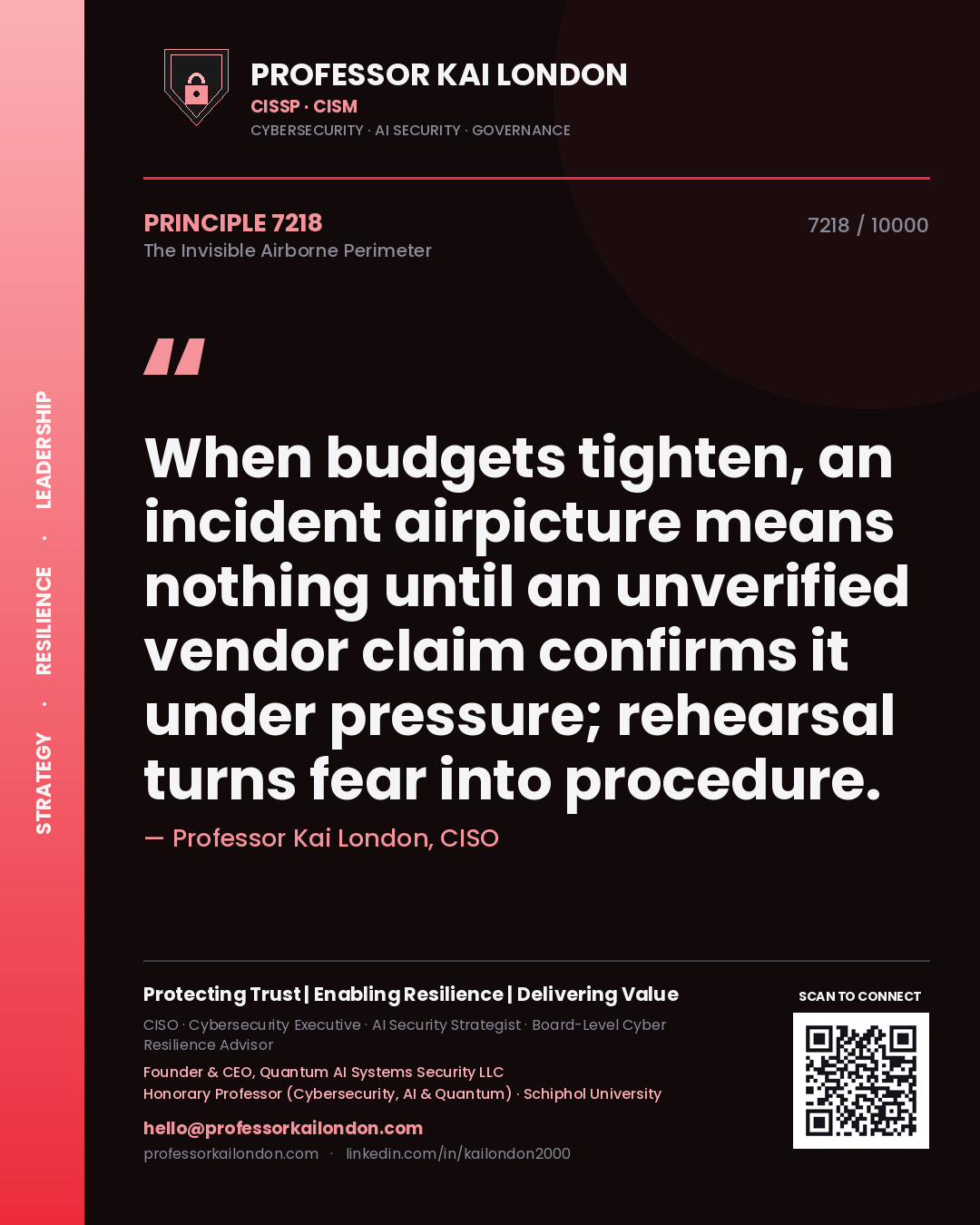 Quote card by Professor Kai London reading 'When budgets tighten, an incident airpicture means nothing until an unverified vendor claim confirms it under pressure; rehearsal turns fear into procedure.'. From the book The Invisible Airborne Perimeter.