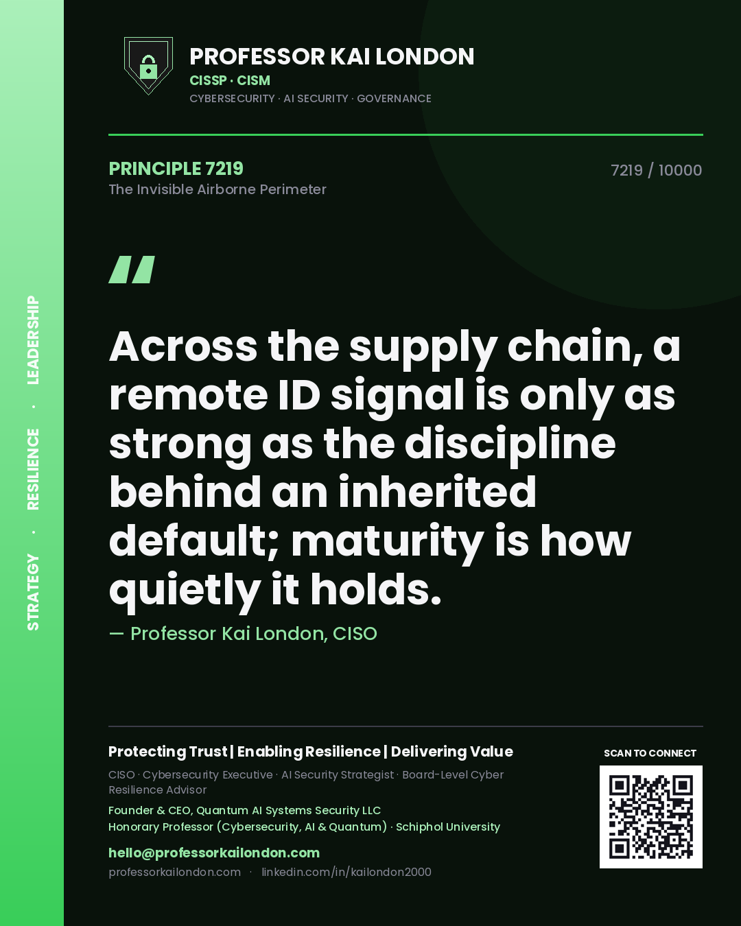 Quote card by Professor Kai London reading 'Across the supply chain, a remote ID signal is only as strong as the discipline behind an inherited default; maturity is how quietly it holds.'. From the book The Invisible Airborne Perimeter.