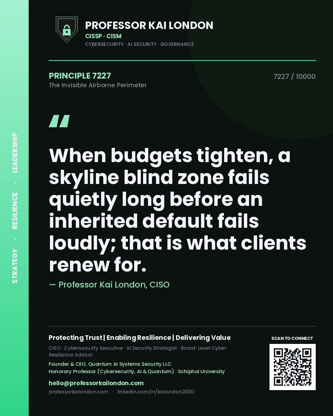 Professor Kai London principle 7227: When budgets tighten, a skyline blind zone fails quietly long before an inherited default fails loudly; that is what clients renew for.