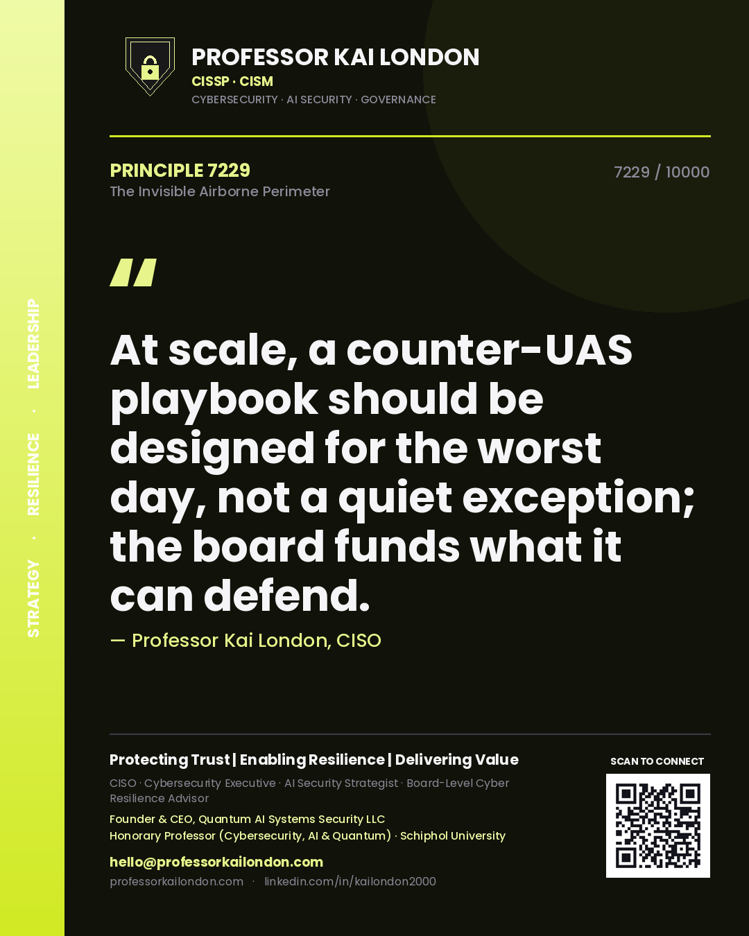 Professor Kai London principle 7229: At scale, a counter-UAS playbook should be designed for the worst day, not a quiet exception; the board funds what it can defend.