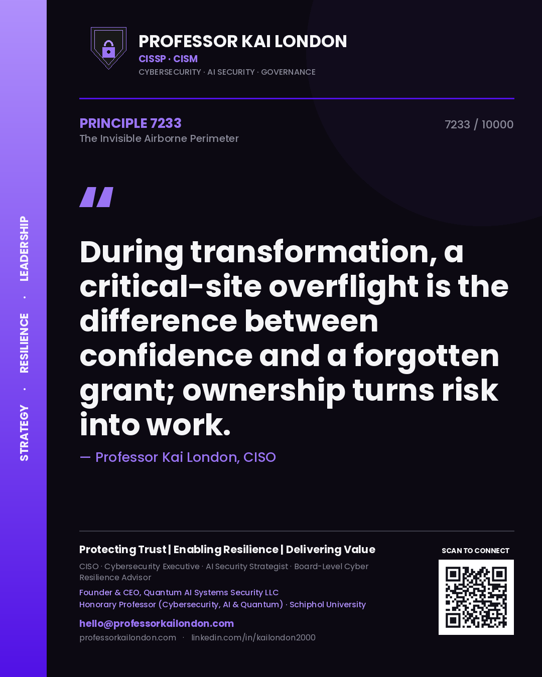 Professor Kai London principle 7233: During transformation, a critical-site overflight is the difference between confidence and a forgotten grant; ownership turns risk into work.