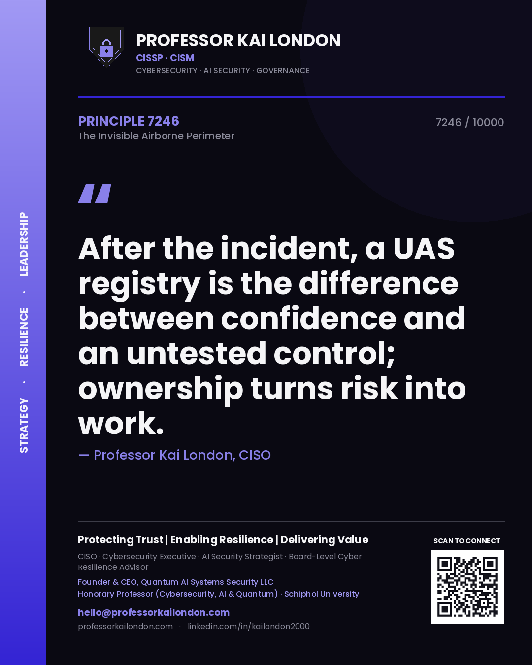 Professor Kai London principle 7246: After the incident, a UAS registry is the difference between confidence and an untested control; ownership turns risk into work.