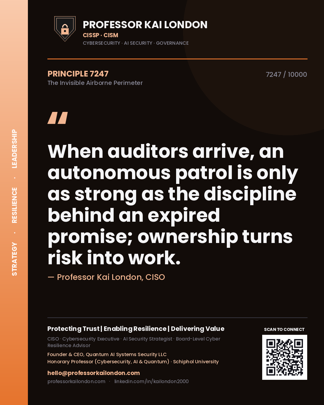 Quote card by Professor Kai London reading 'When auditors arrive, an autonomous patrol is only as strong as the discipline behind an expired promise; ownership turns risk into work.'. From the book The Invisible Airborne Perimeter.