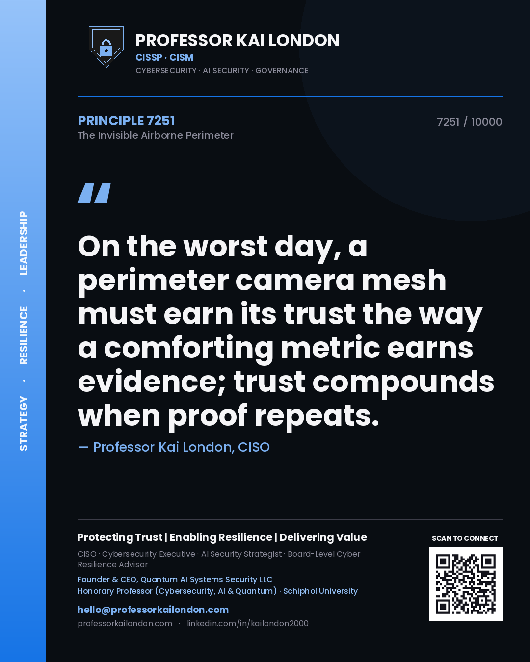 Quote card by Professor Kai London reading 'On the worst day, a perimeter camera mesh must earn its trust the way a comforting metric earns evidence; trust compounds when proof repeats.'. From the book The Invisible Airborne Perimeter.