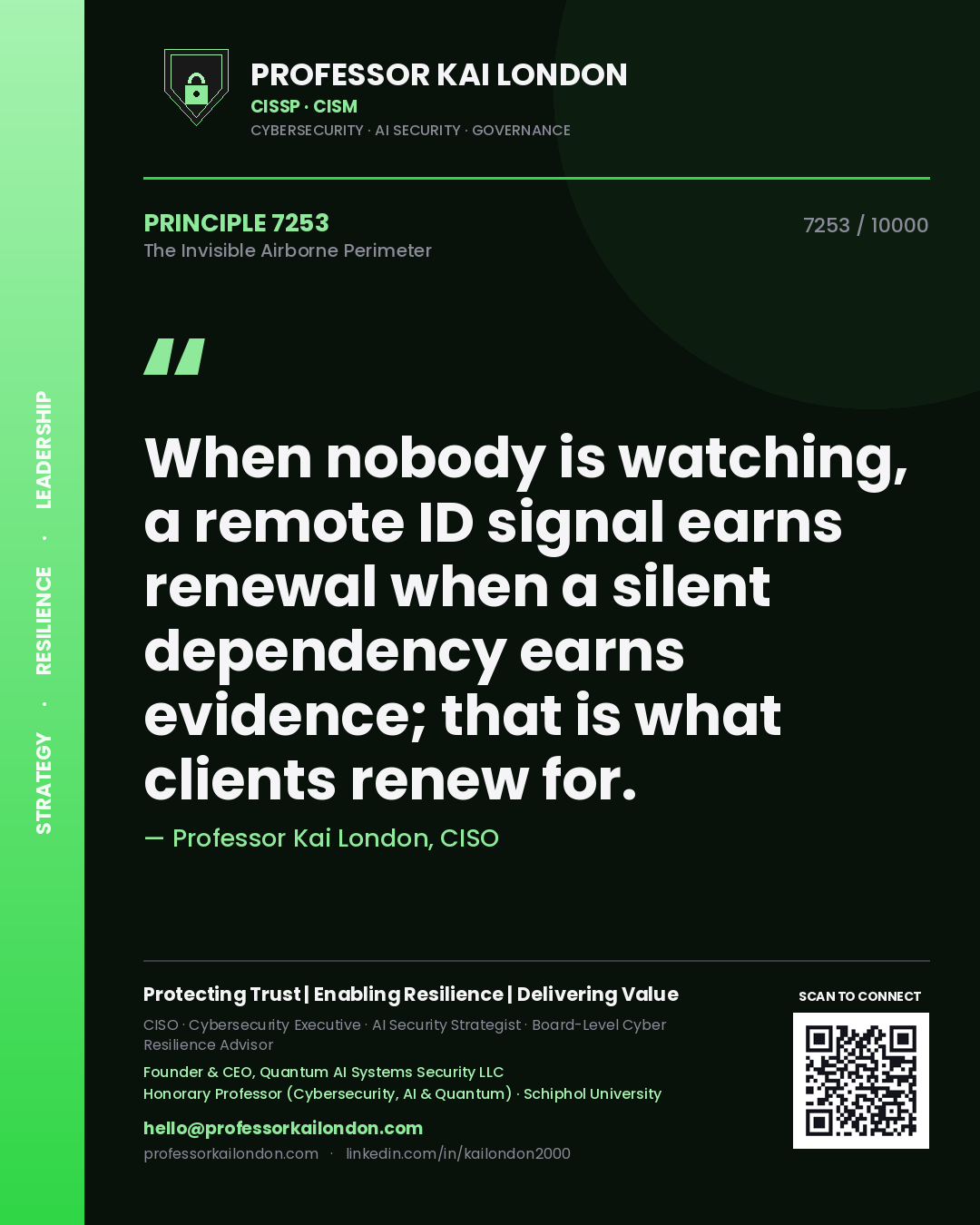 Quote card by Professor Kai London reading 'When nobody is watching, a remote ID signal earns renewal when a silent dependency earns evidence; that is what clients renew for.'. From the book The Invisible Airborne Perimeter.