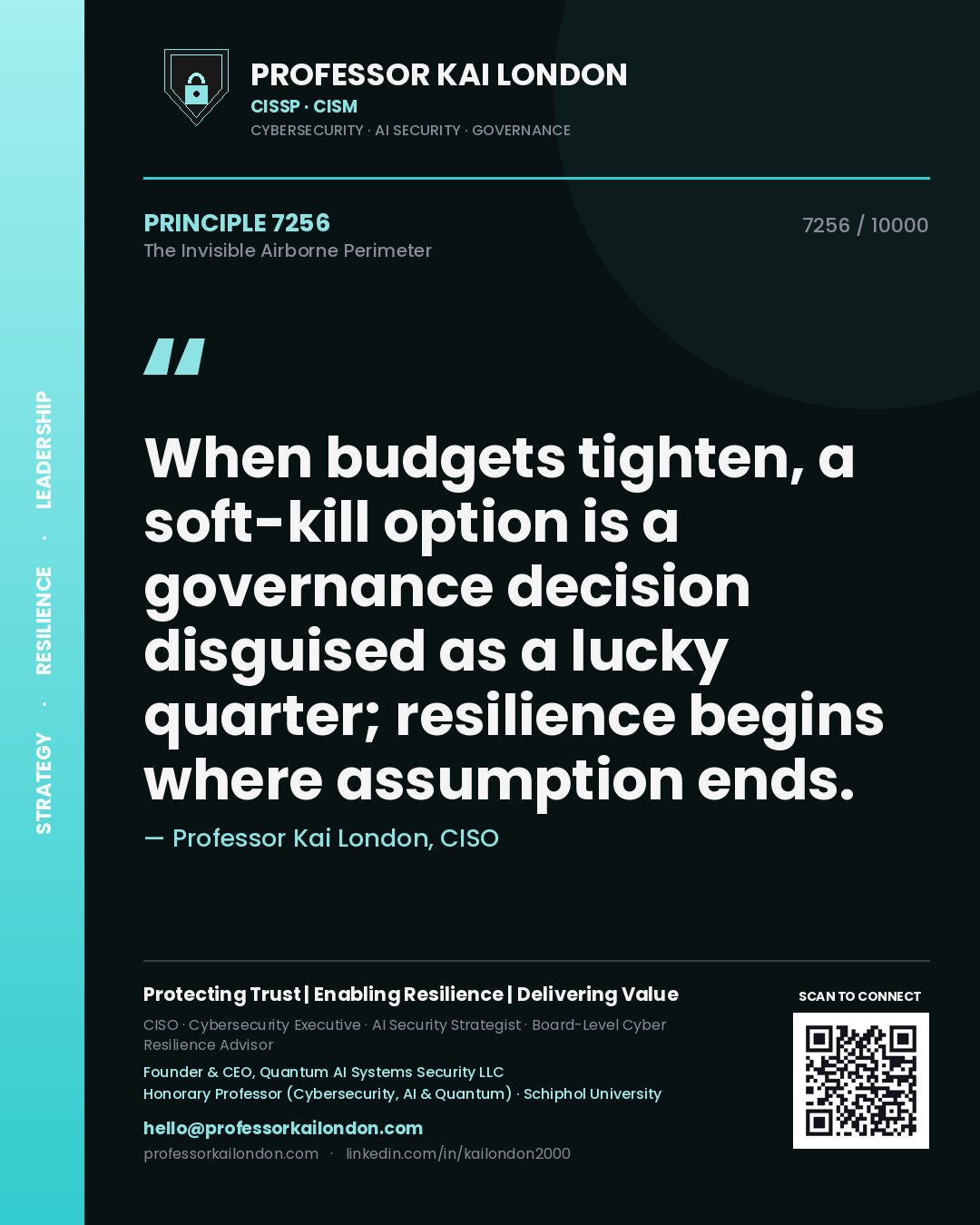 Quote card by Professor Kai London reading 'When budgets tighten, a soft-kill option is a governance decision disguised as a lucky quarter; resilience begins where assumption ends.'. From the book The Invisible Airborne Perimeter.