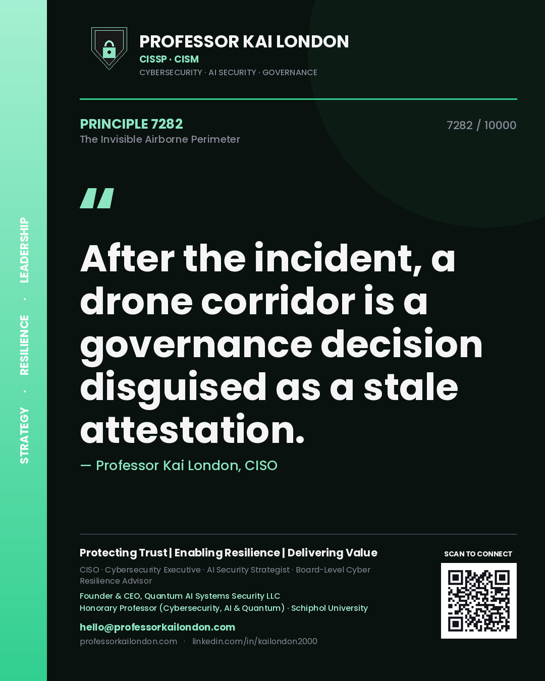 Quote card by Professor Kai London reading 'After the incident, a drone corridor is a governance decision disguised as a stale attestation.'. From the book The Invisible Airborne Perimeter.
