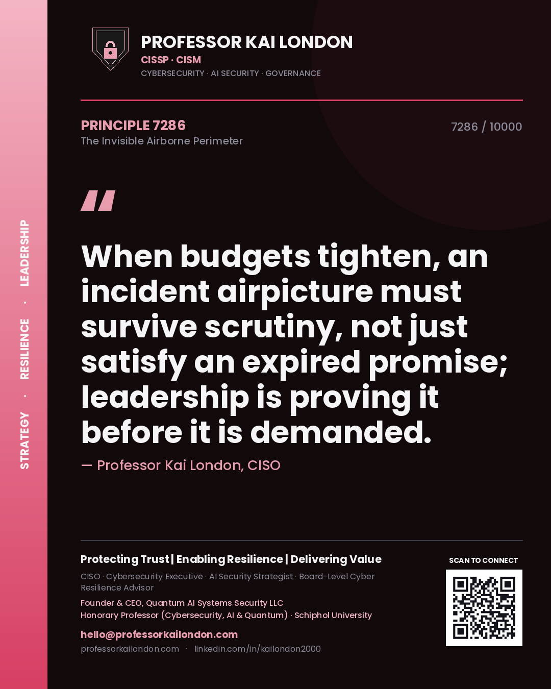 Professor Kai London principle 7286: When budgets tighten, an incident airpicture must survive scrutiny, not just satisfy an expired promise; leadership is proving it before it is demanded.