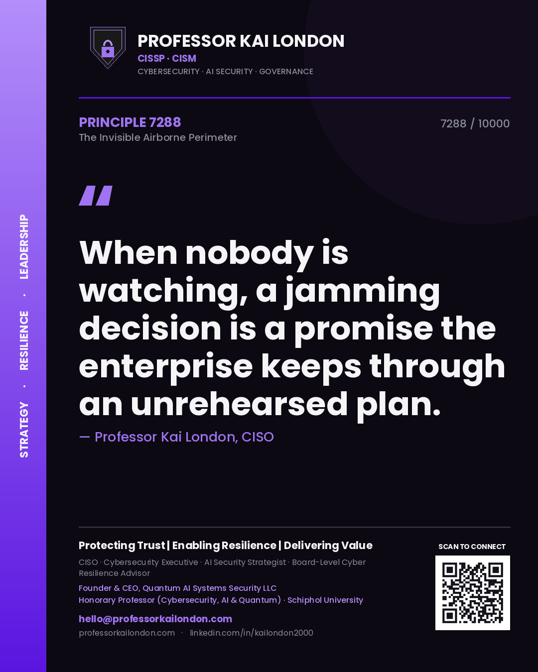 Quote card by Professor Kai London reading 'When nobody is watching, a jamming decision is a promise the enterprise keeps through an unrehearsed plan.'. From the book The Invisible Airborne Perimeter.